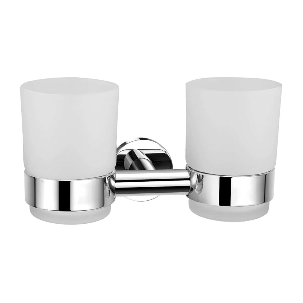 Stylish chrome double wall-mounted bathroom light with frosted glass shades, perfect for contemporary bathroom lighting and vanity illumination.