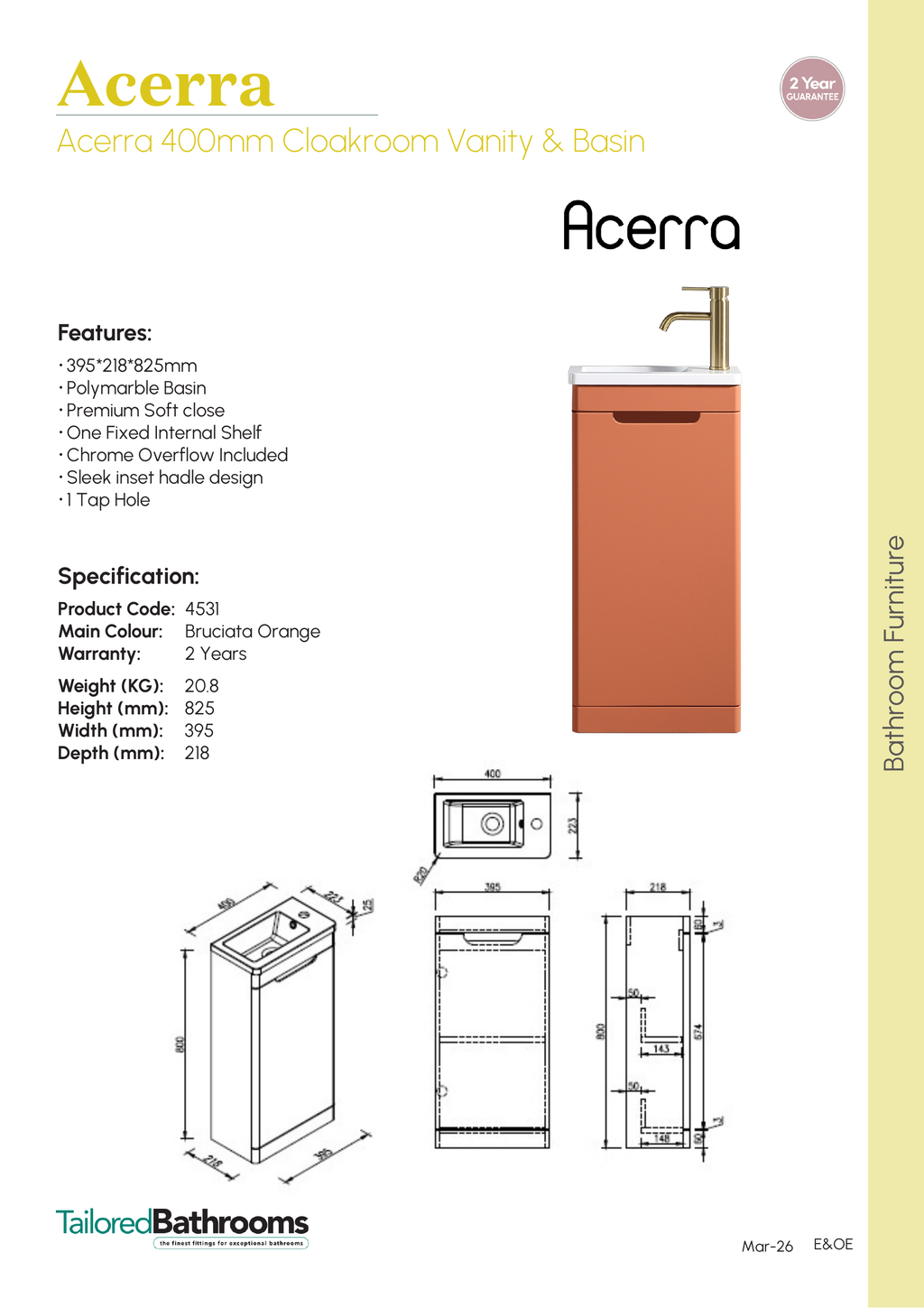 Tailored Acerra 400mm Cloakroom Vanity & Basin - specification sheet with technical drawing and dimensions