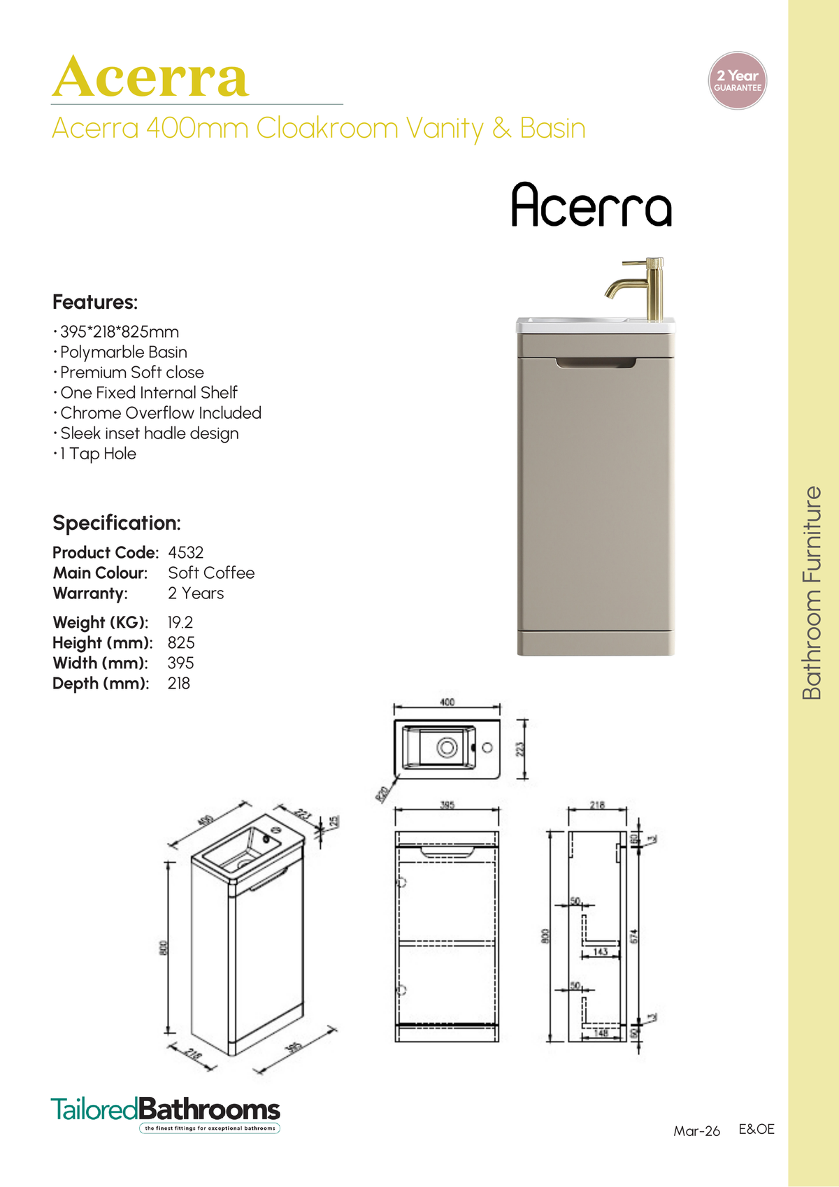 Tailored Acerra 400mm Cloakroom Vanity & Basin - specification sheet with technical drawing and dimensions