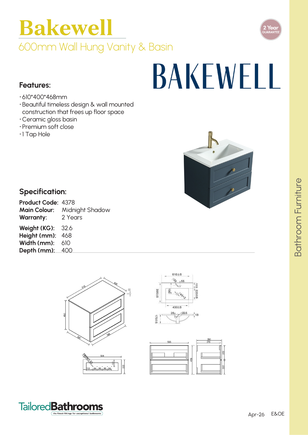 Tailored Bakewell 2 Drawer Wall Hung Vanity With Basin - 610mm Wide - 1 TH - specification sheet with technical drawing and dimensions