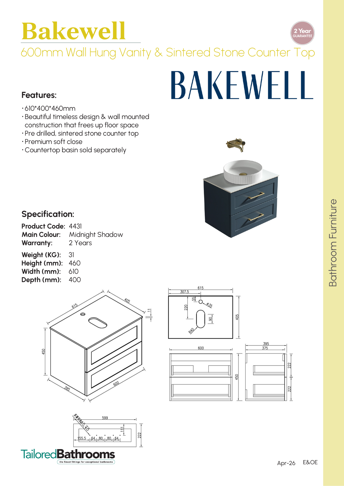 Tailored Bakewell 2 Drawer Wall Hung Vanity With Sintered Stone Counter Top - 610mm Wide - Midnight Shadow - specification sheet with technical drawing and dimensions
