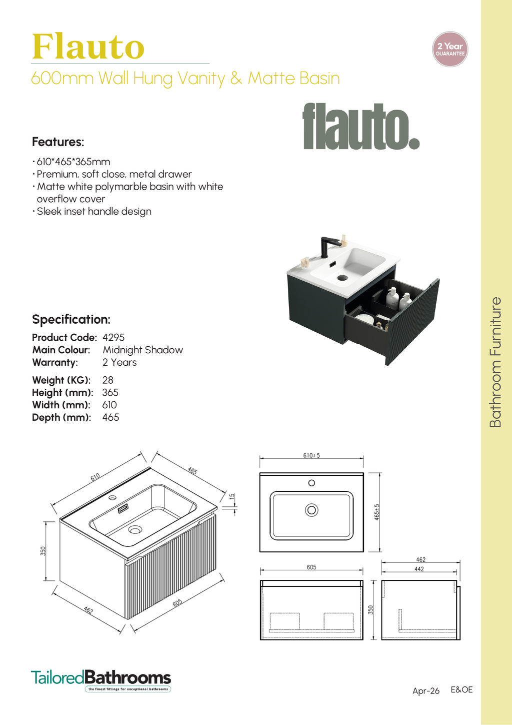 Tailored Flauto 1 Drawer Wall Hung Vanity With Matt White Polymarble Basin - 1 TH - specification sheet with technical drawing and dimensions