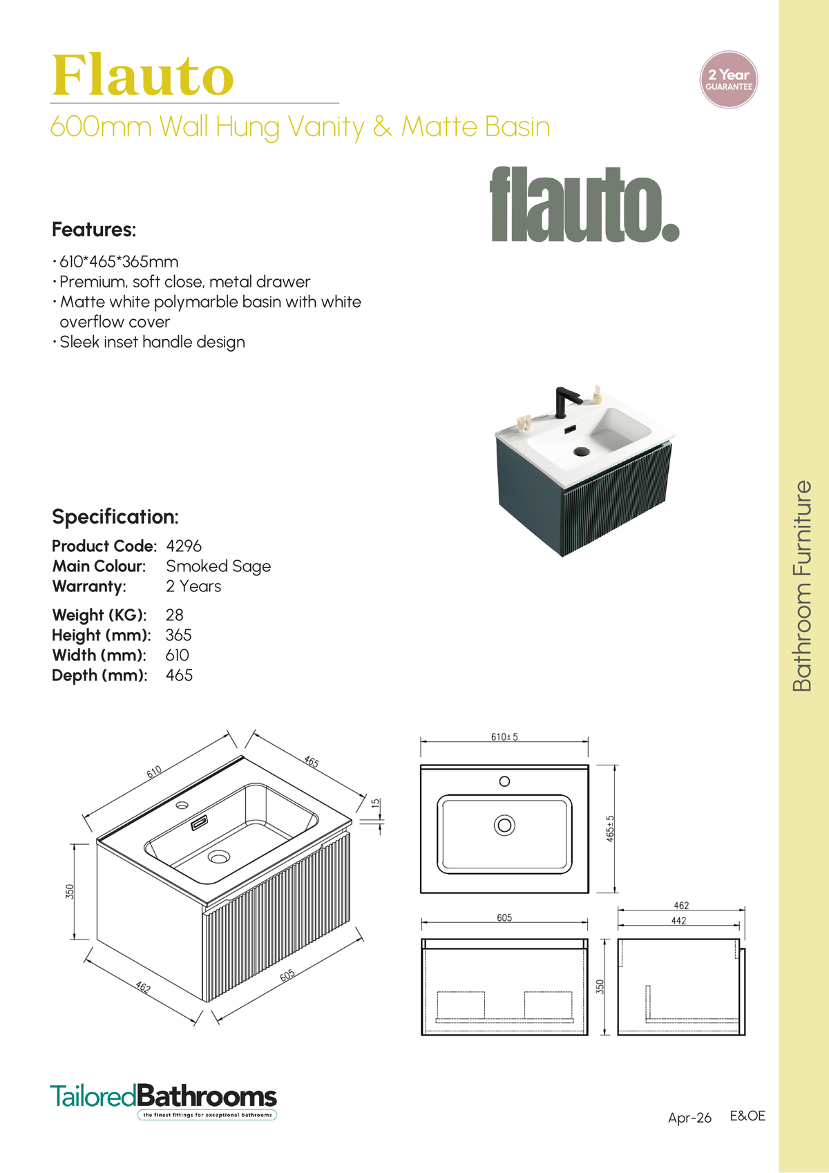 Tailored Flauto 1 Drawer Wall Hung Vanity With Matt White Polymarble Basin - 1 TH - specification sheet with technical drawing and dimensions
