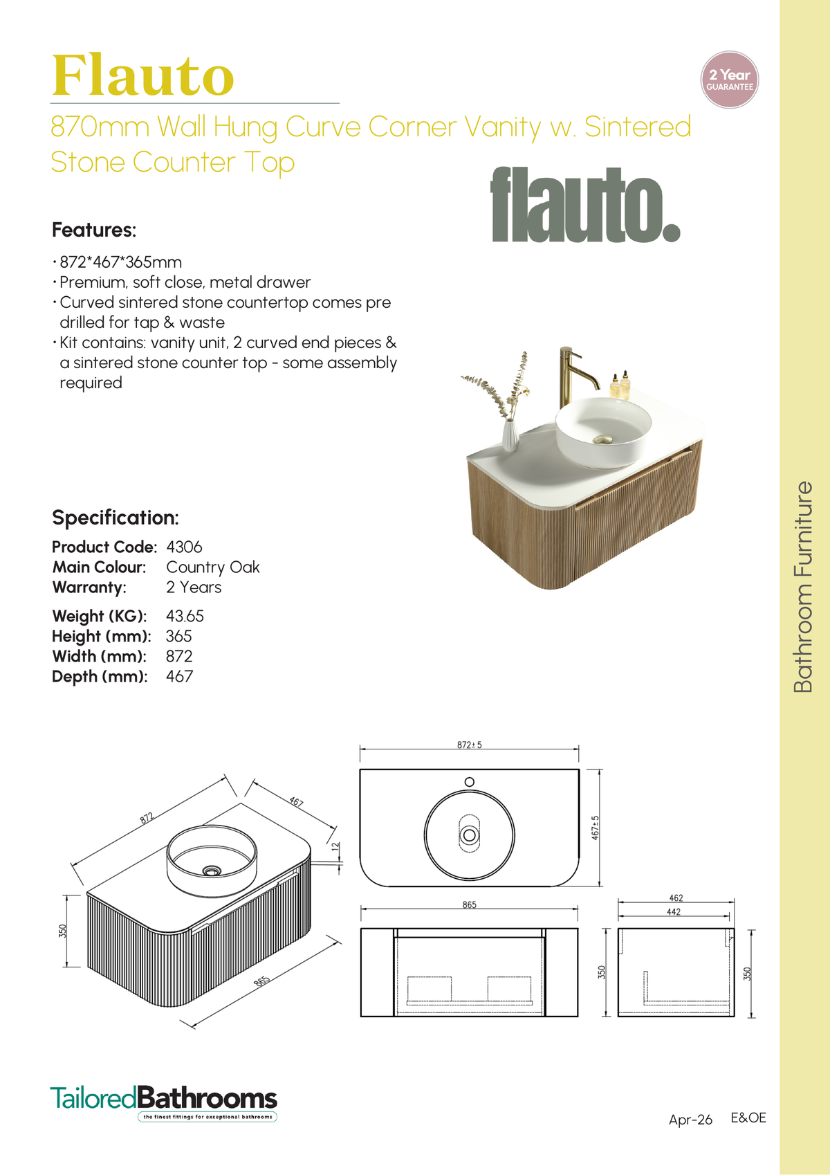 Tailored Flauto 1 Drawer Curved Corner Wall Hung Vanity With  Sintered Stone Countertop - 872mm Wide - Country Oak - specification sheet with technical drawing and dimensions