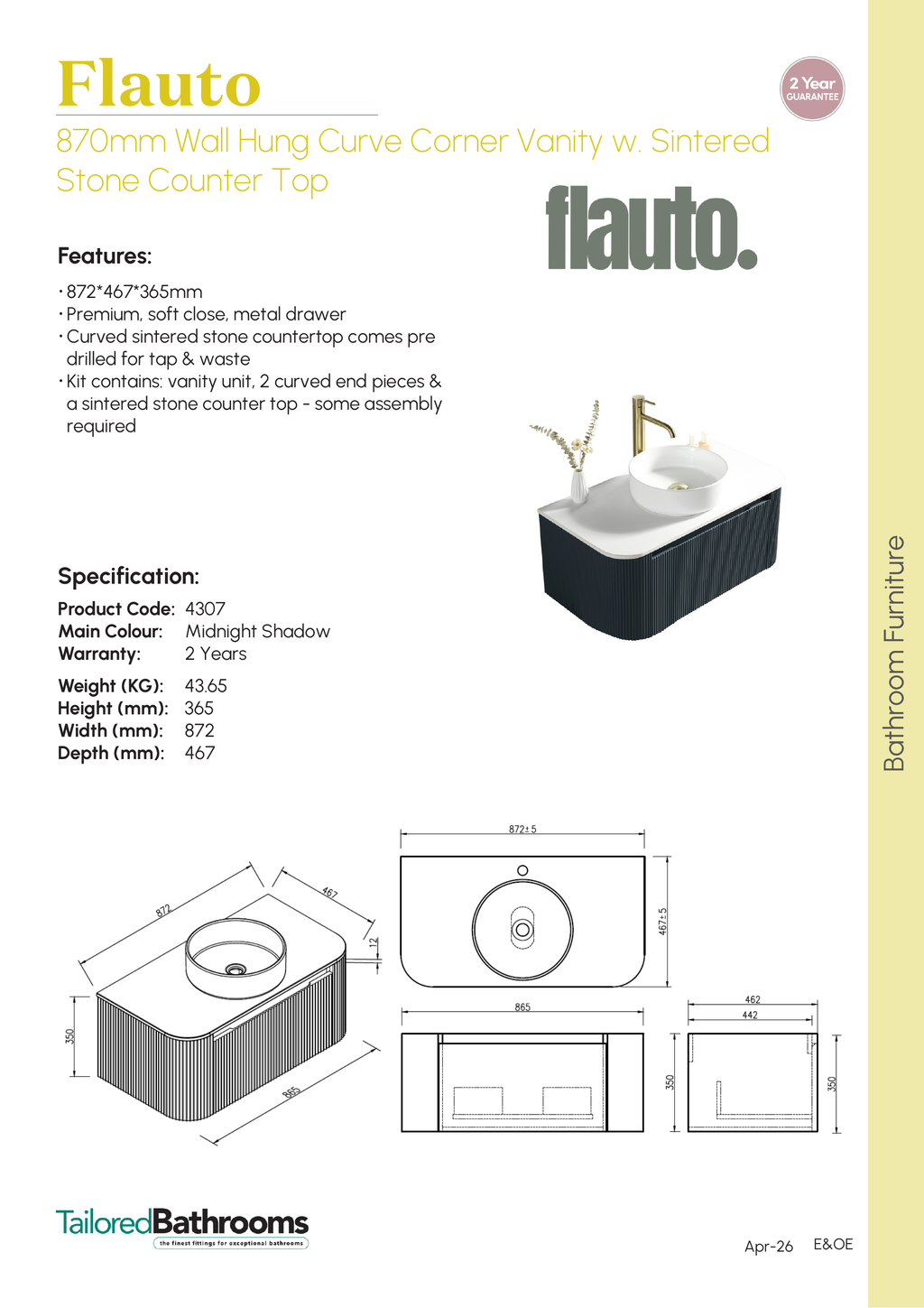 Tailored Flauto 1 Drawer Curved Corner Wall Hung Vanity With  Sintered Stone Countertop - 872mm Wide - specification sheet with technical drawing and dimensions