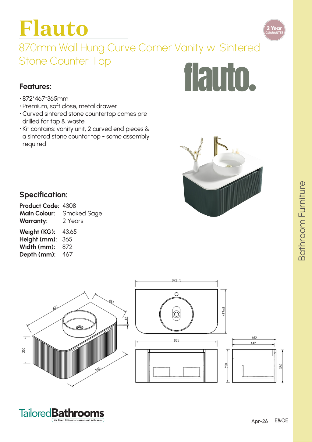 Tailored Flauto 1 Drawer Curved Corner Wall Hung Vanity With  Sintered Stone Countertop - 872mm Wide - specification sheet with technical drawing and dimensions