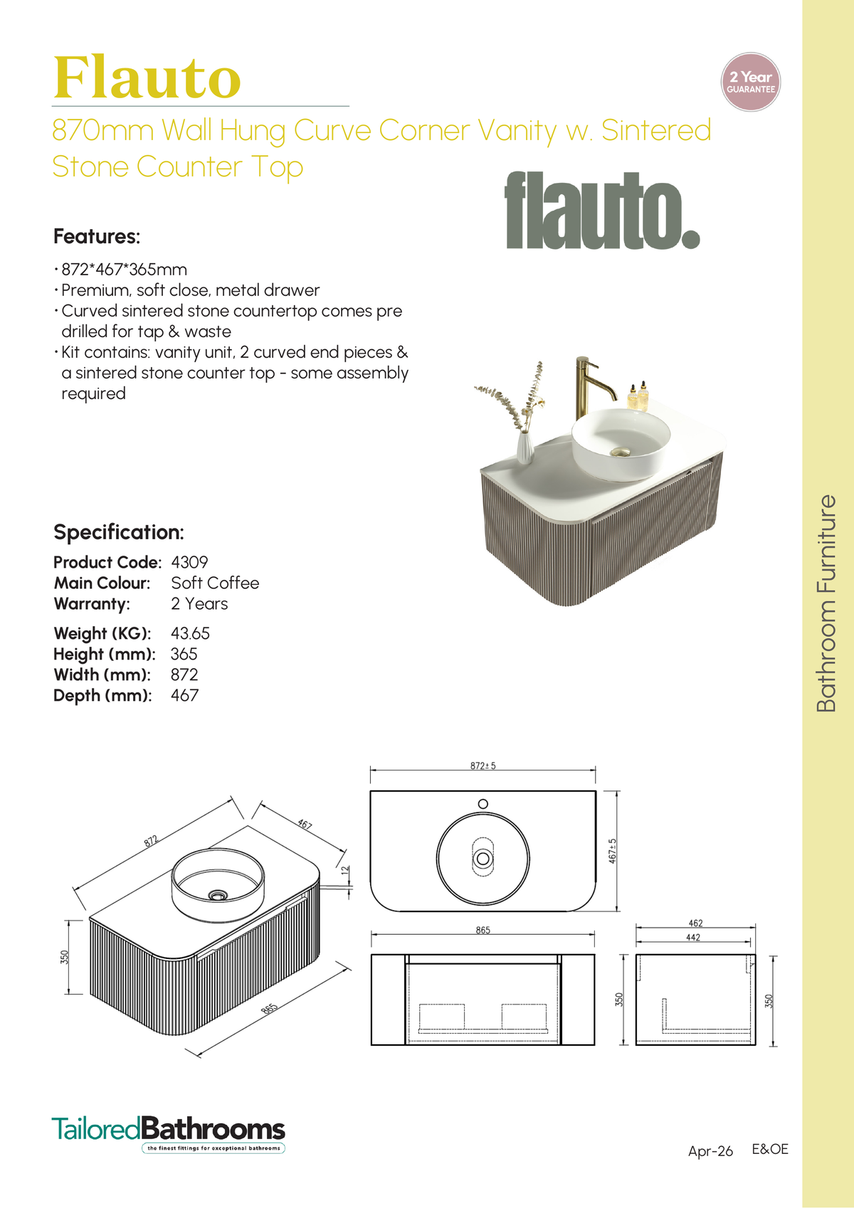 Tailored Flauto 870mm Wall Hung Curve Corner Vanity with Sintered Stone Counter Top - specification sheet with technical drawing and dimensions