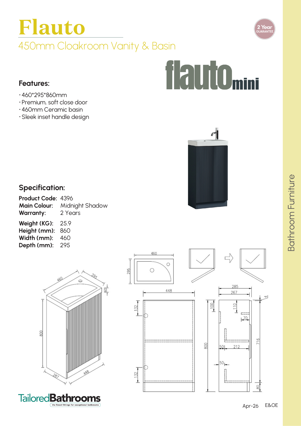 Tailored Flauto 1 Door Mini Floorstanding Cloakroom Vanity Unit With Basin - 460mm Wide - 1 TH - specification sheet with technical drawing and dimensions