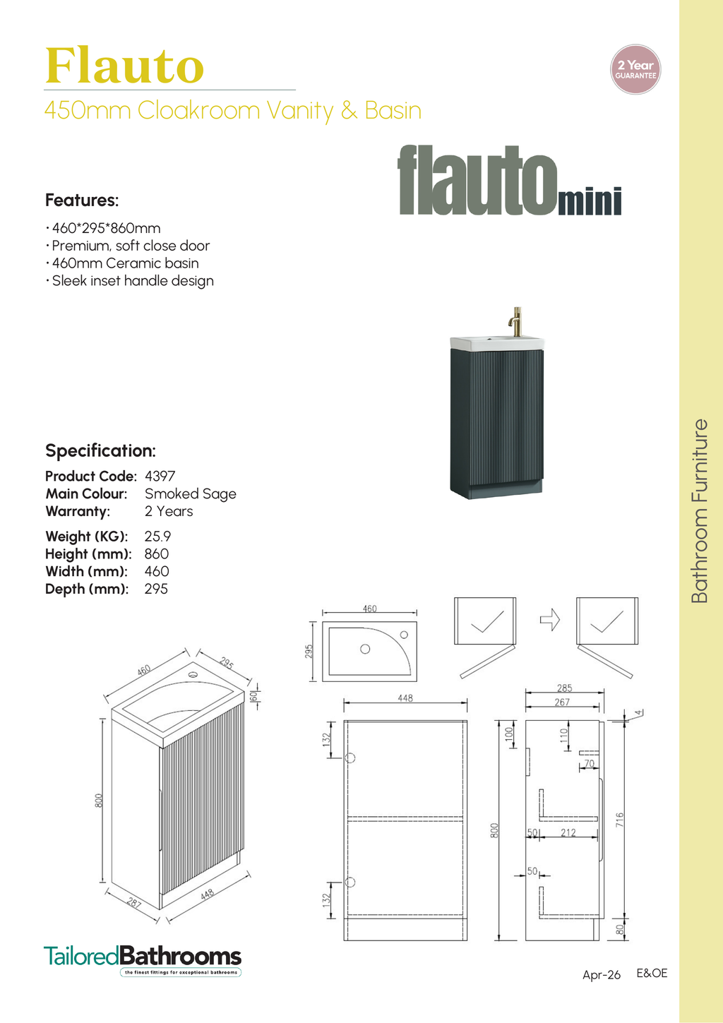Tailored Flauto 1 Door Mini Floorstanding Cloakroom Vanity Unit With Basin - 460mm Wide - 1 TH - specification sheet with technical drawing and dimensions