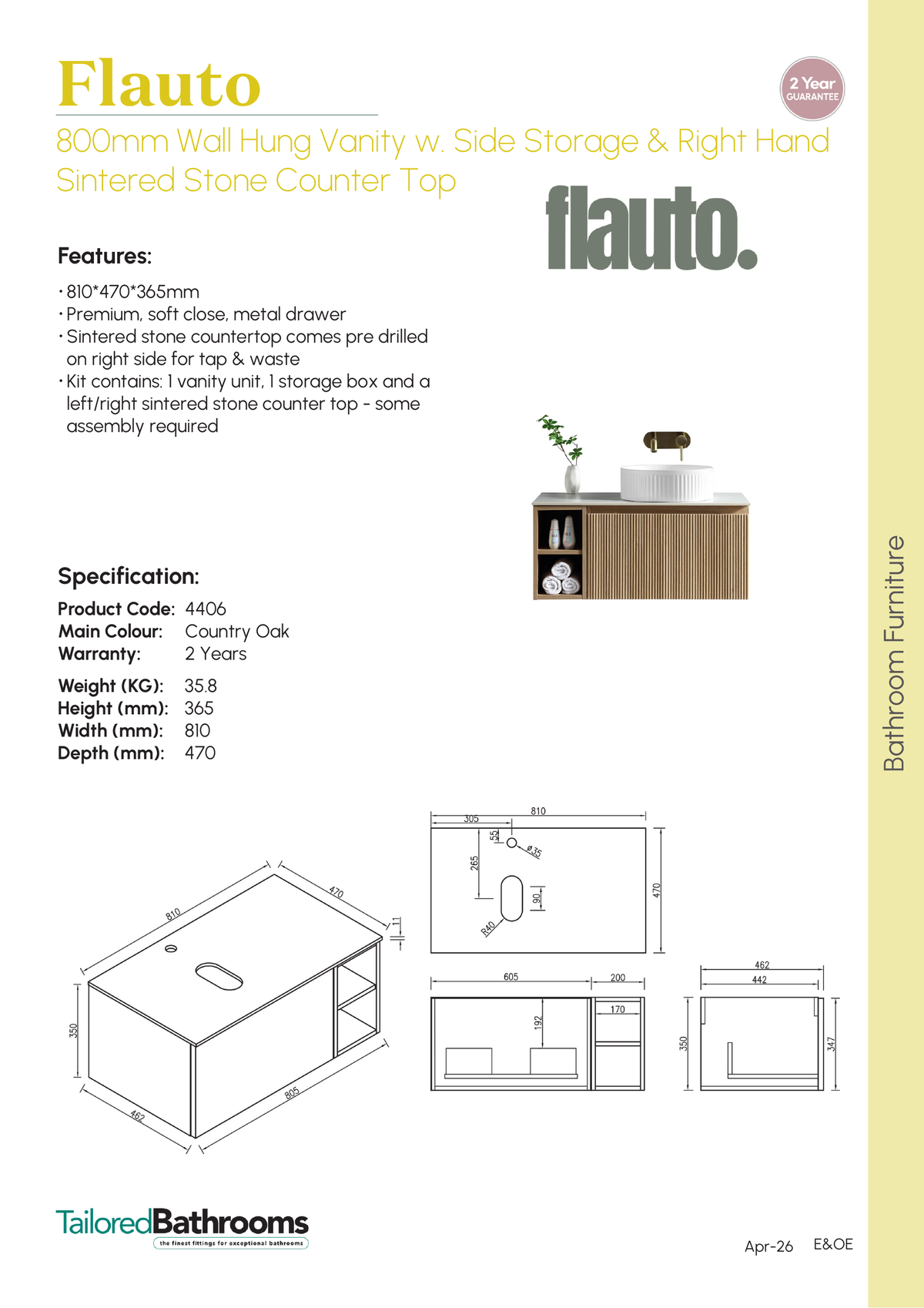 Tailored Flauto 1 Drawer Wall Hung Vanity With Side Storage And Sintered Stone Countertop - 810mm Wide - specification sheet with technical drawing and dimensions