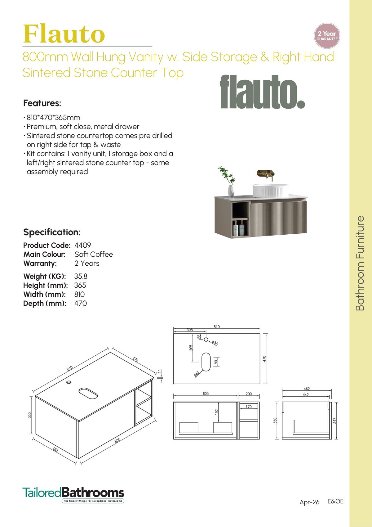 Tailored Flauto 1 Drawer Wall Hung Vanity With Side Storage And Sintered Stone Countertop - 810mm Wide - specification sheet with technical drawing and dimensions