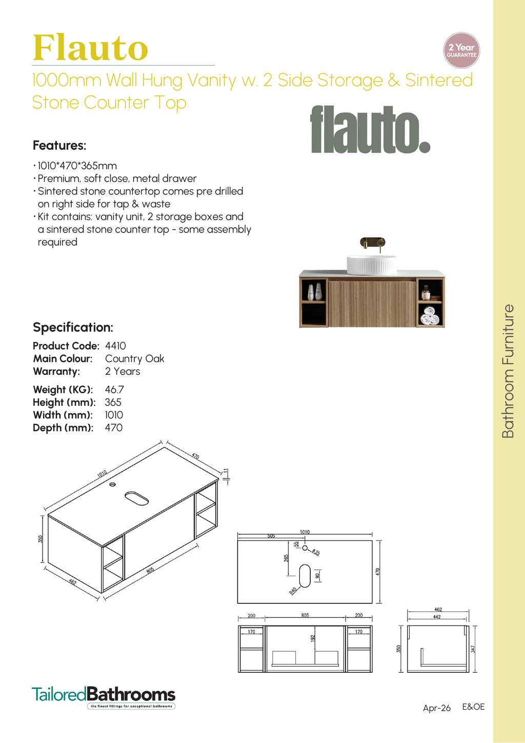 Tailored Flauto 1 Drawer Wall Hung Vanity Unit With 2 Side Storage And Sintered Stone Countertop - 1010mm Wide - Country Oak - specification sheet with technical drawing and dimensions