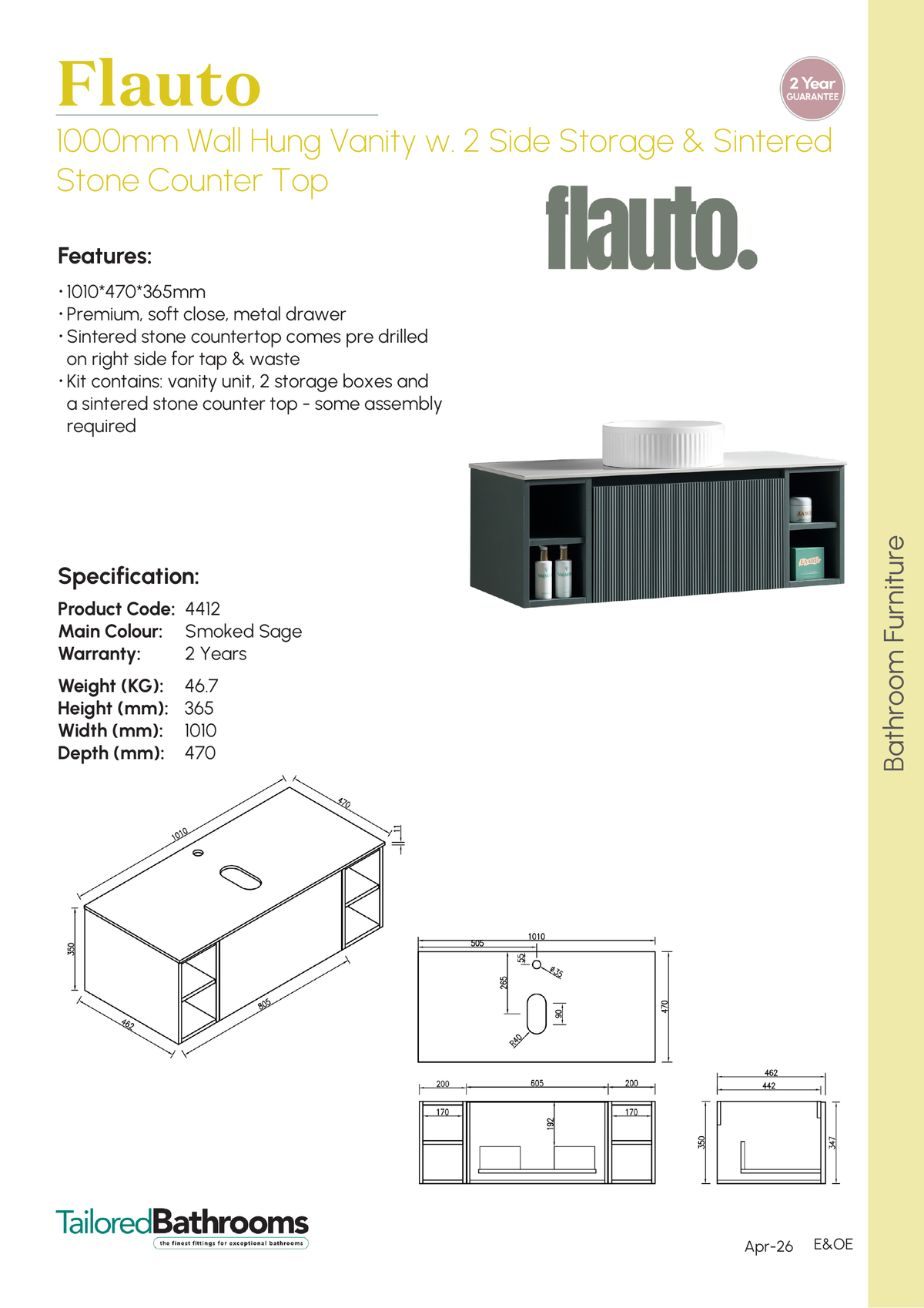 Tailored Flauto 1 Drawer Wall Hung Vanity Unit With 2 Side Storage And Sintered Stone Countertop - 1010mm Wide - Smoked Sage - specification sheet with technical drawing and dimensions