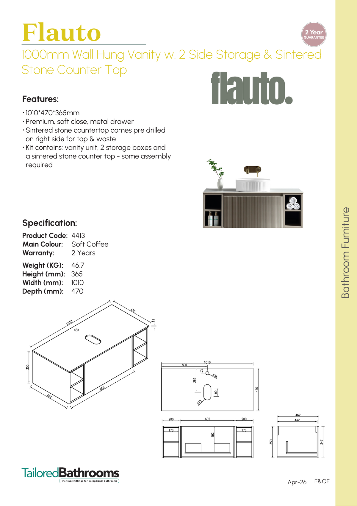 Tailored Flauto 1 Drawer Wall Hung Vanity Unit With 2 Side Storage And Sintered Stone Countertop - 1010mm Wide - Soft Coffee - specification sheet with technical drawing and dimensions