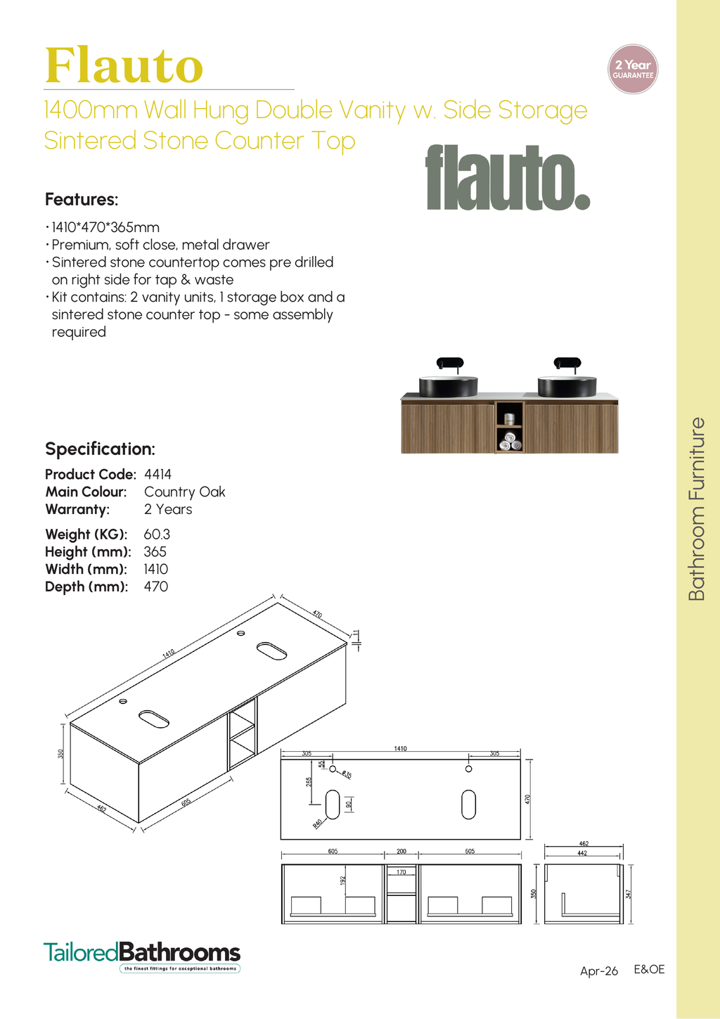 Tailored Flauto 2 Drawer Double Wall Hung Vanity Unit With Side Storage And Sintered Stone Countertop - 1410mm Wide - Country Oak - specification sheet with technical drawing and dimensions