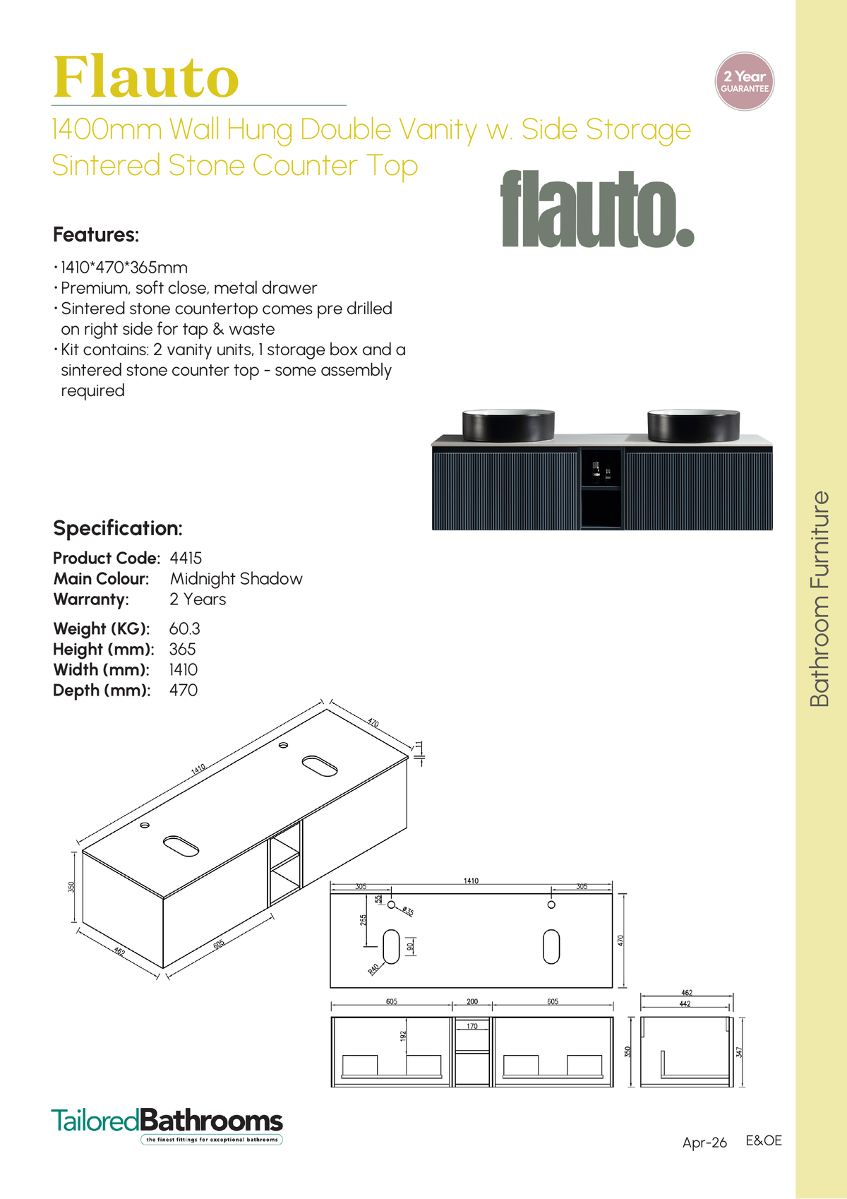 Tailored Flauto 2 Drawer Double Wall Hung Vanity Unit With Side Storage And Sintered Stone Countertop - 1410mm Wide - Midnight Shadow - specification sheet with technical drawing and dimensions