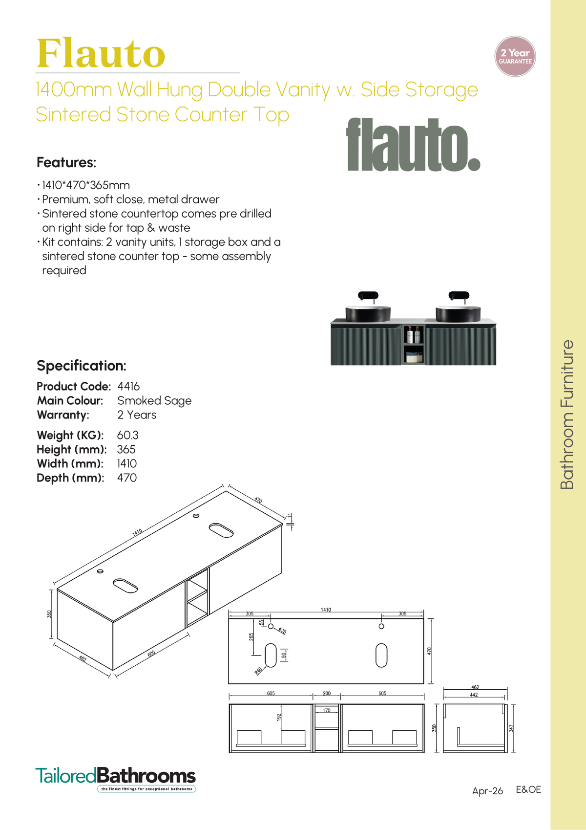 Tailored Flauto 2 Drawer Double Wall Hung Vanity Unit With Side Storage And Sintered Stone Countertop - 1410mm Wide - Smoked Sage - specification sheet with technical drawing and dimensions