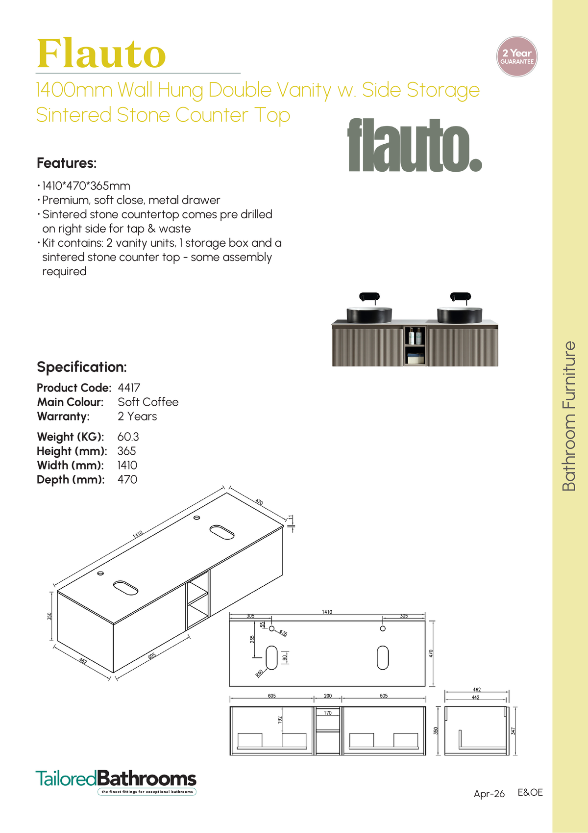 Tailored Flauto 2 Drawer Double Wall Hung Vanity Unit With Side Storage And Sintered Stone Countertop - 1410mm Wide - Soft Coffee - specification sheet with technical drawing and dimensions