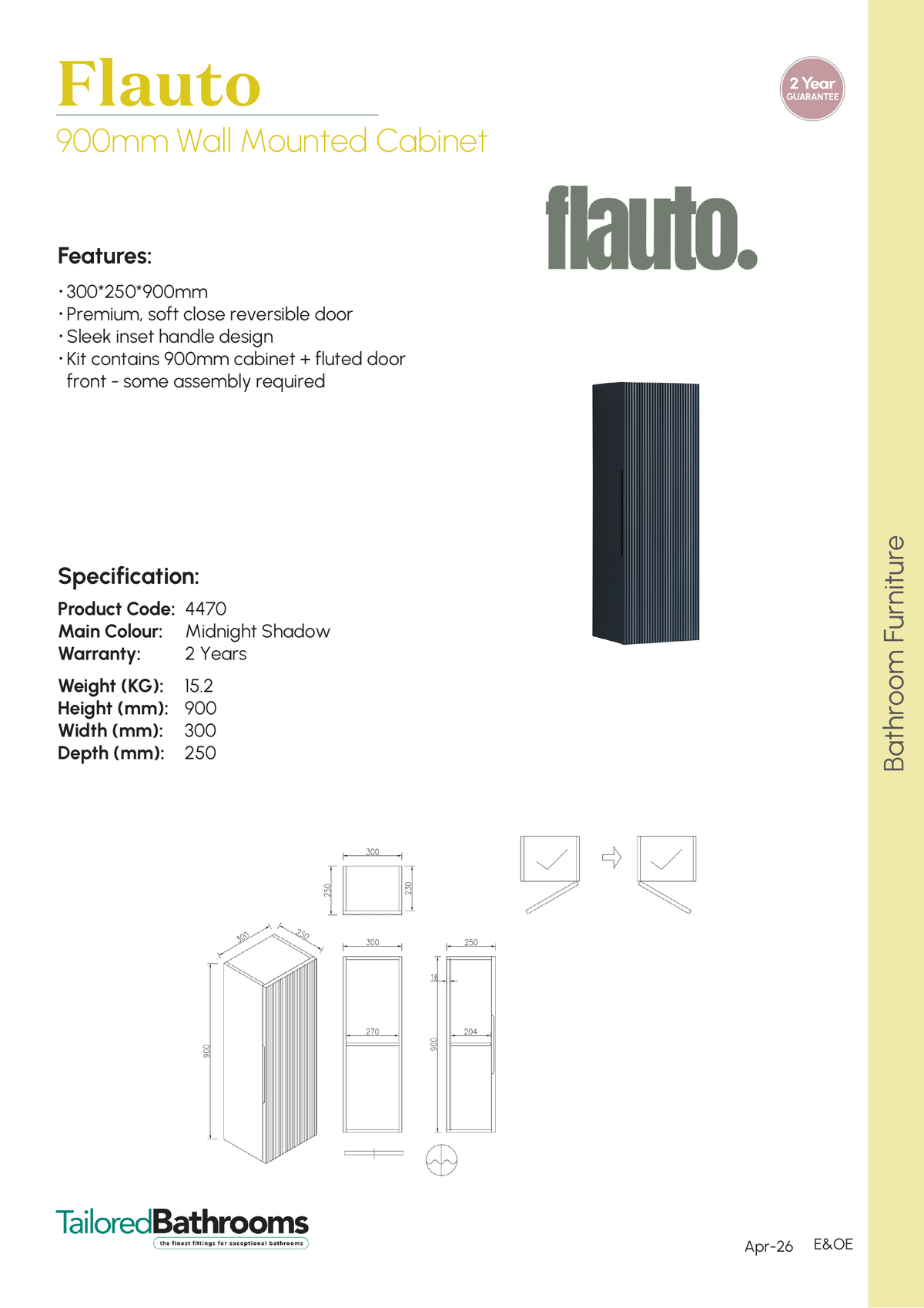 Tailored Flauto 1 Door Wall Mounted Medium Storage Unit - 900mm High - specification sheet with technical drawing and dimensions