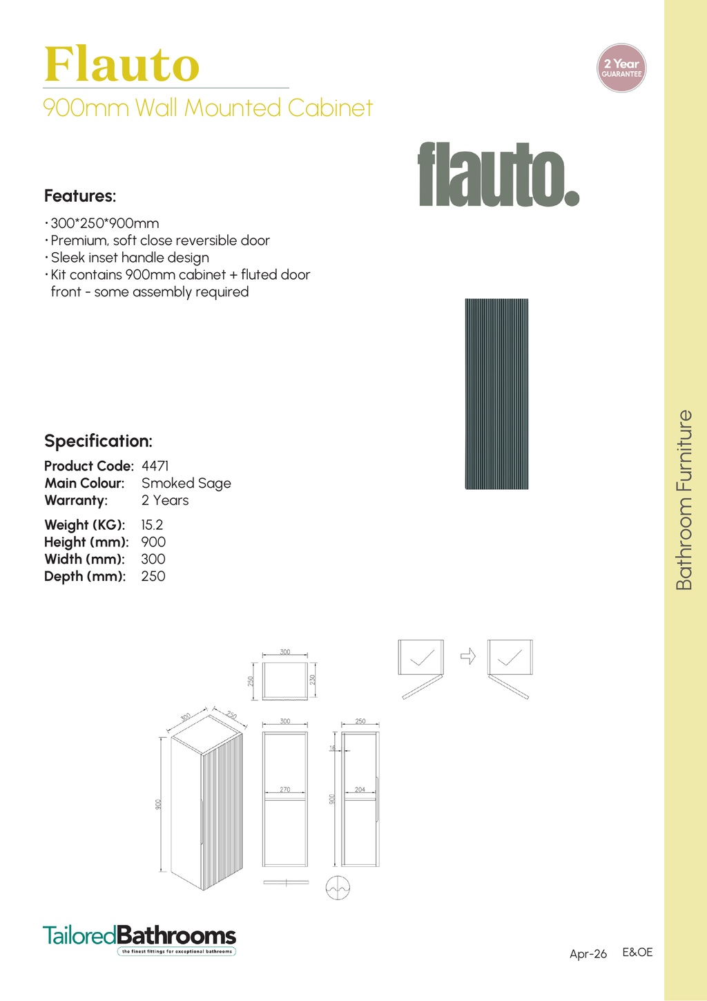 Tailored Flauto 1 Door Wall Mounted Medium Storage Unit - 900mm High - specification sheet with technical drawing and dimensions