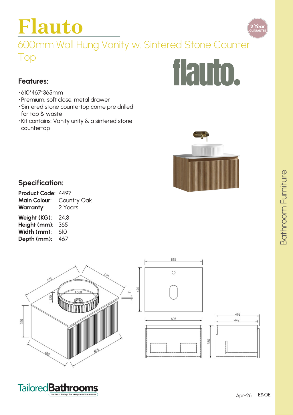 Tailored Flauto 1 Drawer Wall Hung Vanity With Sintered Stone Countertop - 610mm Wide - Country Oak - specification sheet with technical drawing and dimensions