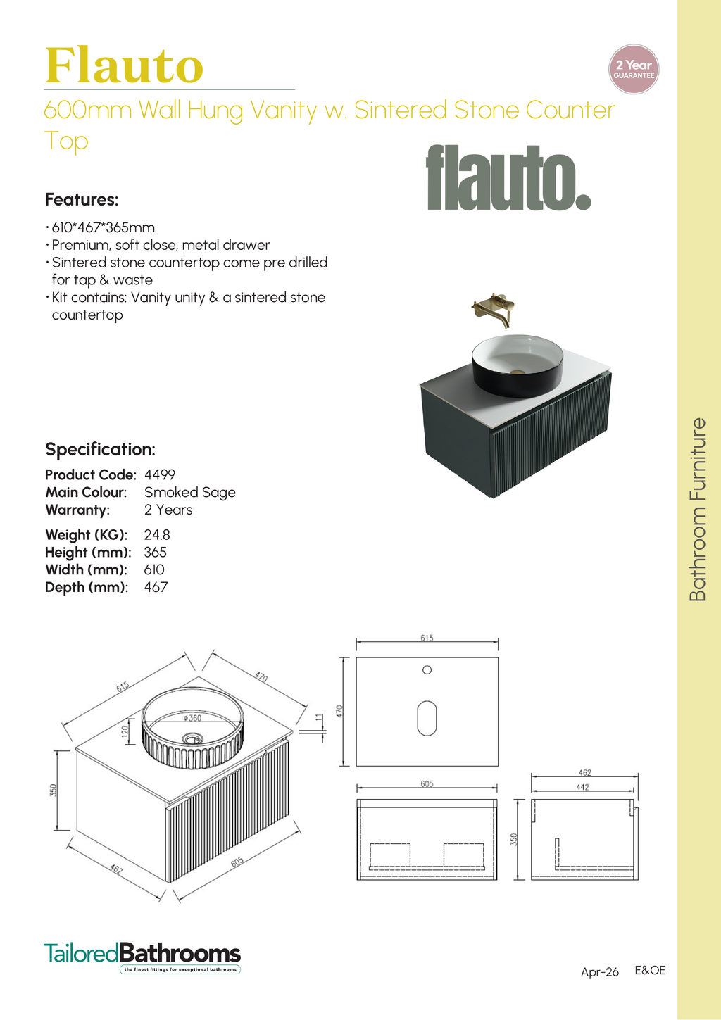 Tailored Flauto 1 Drawer Wall Hung Vanity With Sintered Stone Countertop - 610mm Wide - Smoked Sage - specification sheet with technical drawing and dimensions