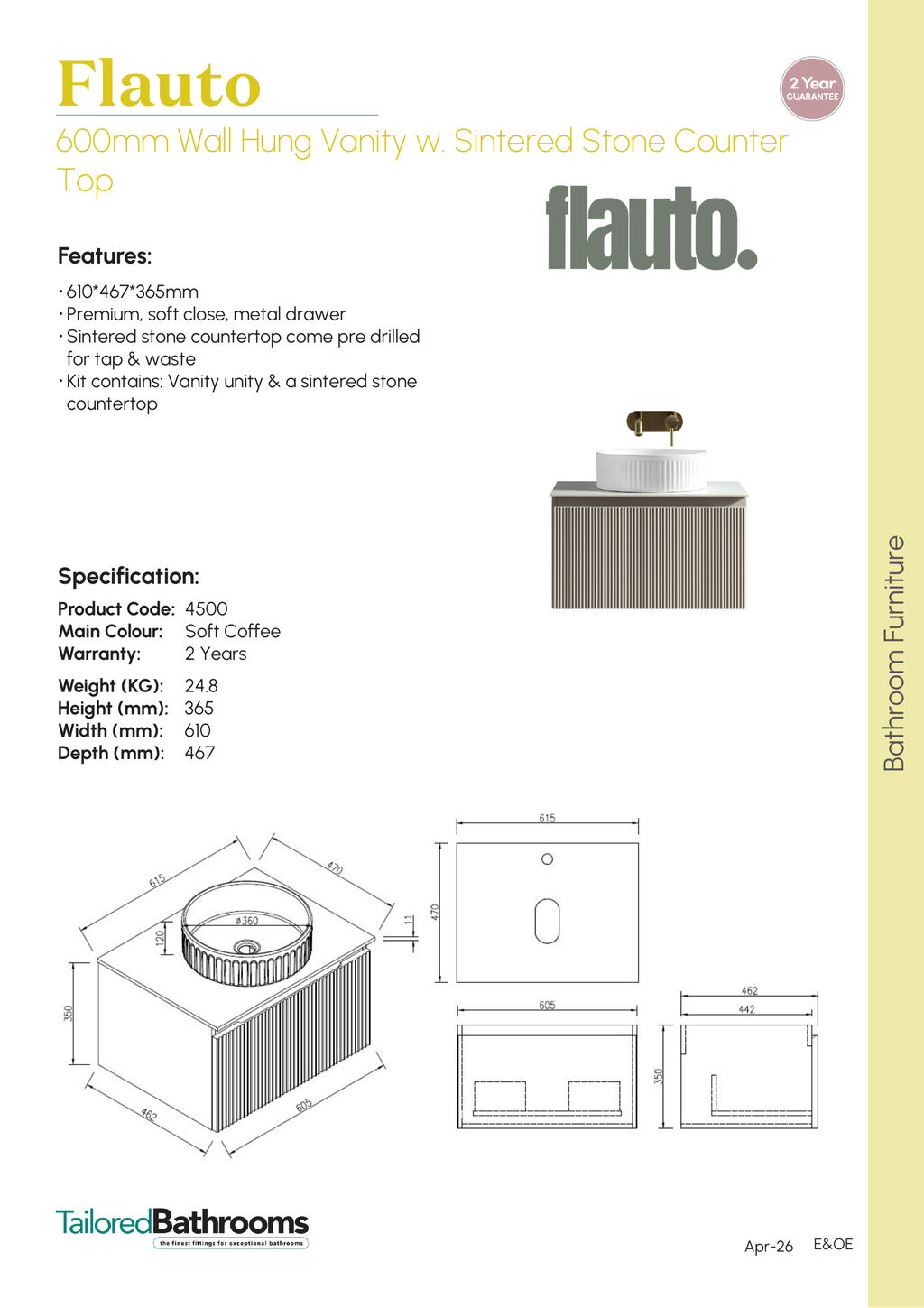 Tailored Flauto 1 Drawer Wall Hung Vanity With Sintered Stone Countertop - 610mm Wide - Soft Coffee - specification sheet with technical drawing and dimensions