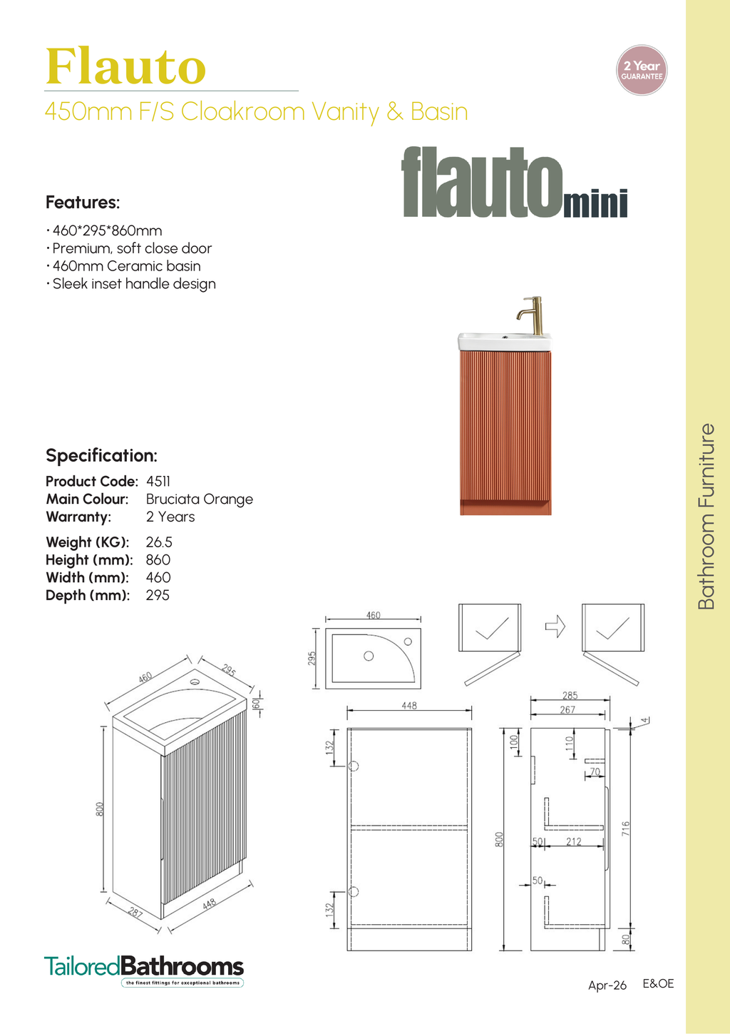 Tailored Flauto Mini 450mm Floor Standing Cloakroom Vanity & Basin - specification sheet with technical drawing and dimensions