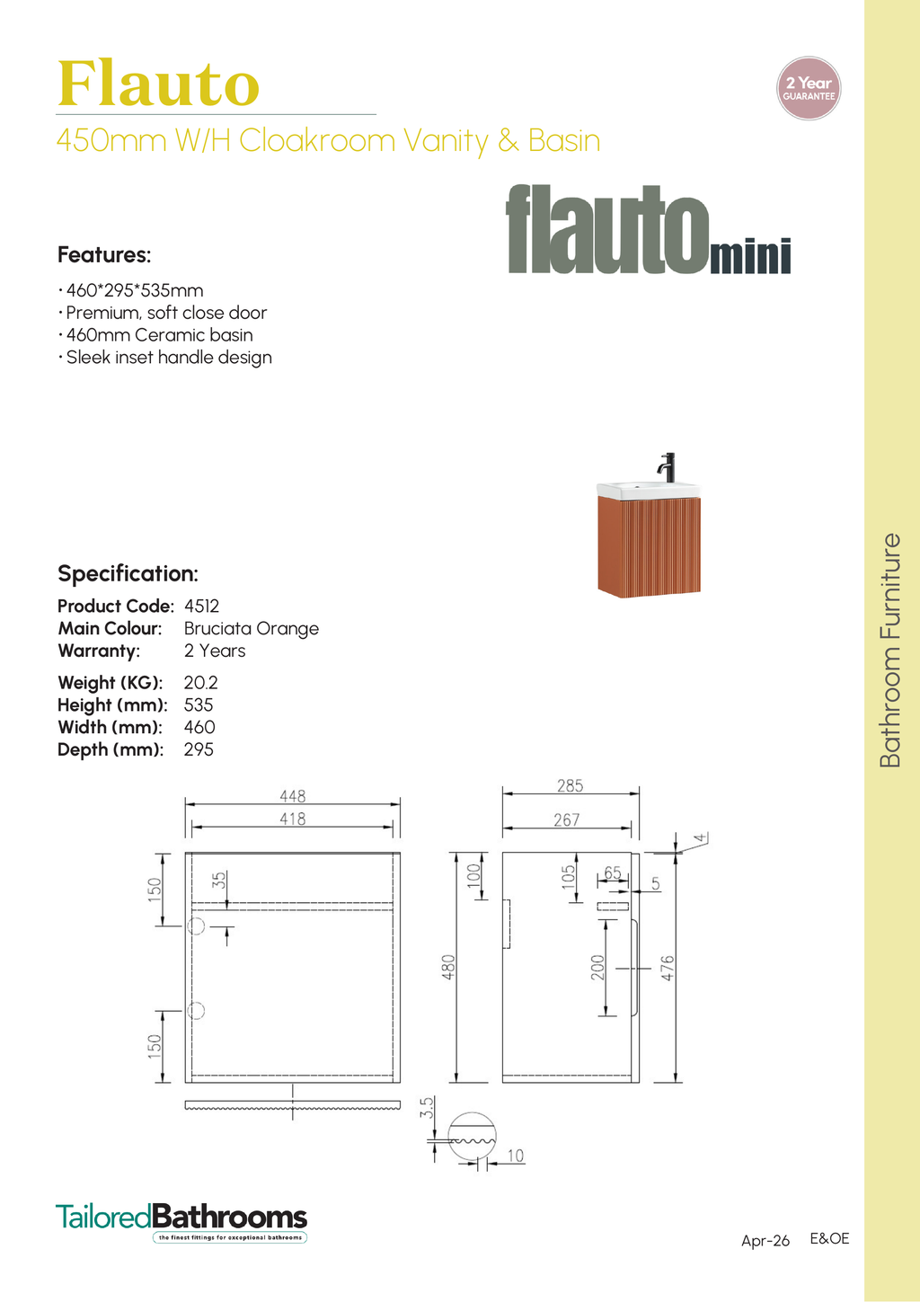 Tailored Flauto Mini 450mm Wall Hung Cloakroom Vanity & Basin - specification sheet with technical drawing and dimensions