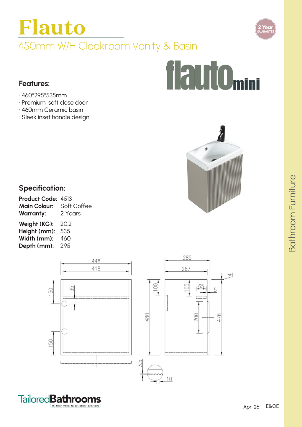 Tailored Flauto Mini 450mm Wall Hung Cloakroom Vanity & Basin - specification sheet with technical drawing and dimensions