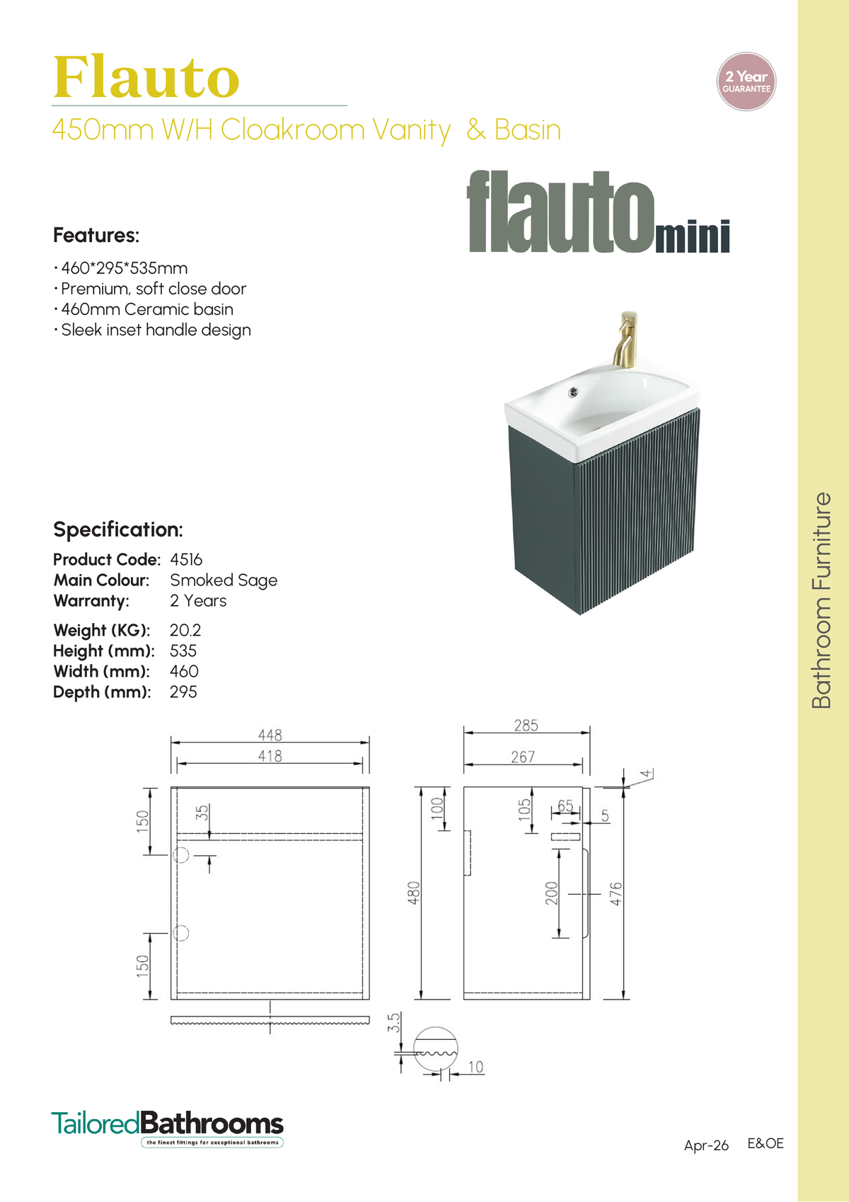 Tailored Flauto Mini 450mm Wall Hung Cloakroom Vanity & Basin - Smoked Sage - specification sheet with technical drawing and dimensions