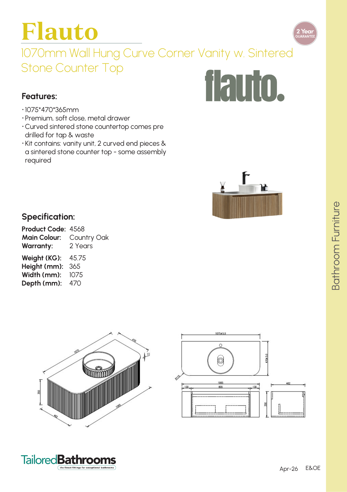 Tailored Flauto 1070mm Wall Hung Curve Corner Vanity with Sintered Stone Counter Top - specification sheet with technical drawing and dimensions