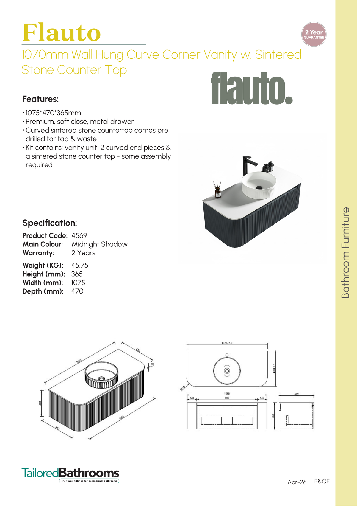 Tailored Flauto 1070mm Wall Hung Curve Corner Vanity with Sintered Stone Counter Top - specification sheet with technical drawing and dimensions