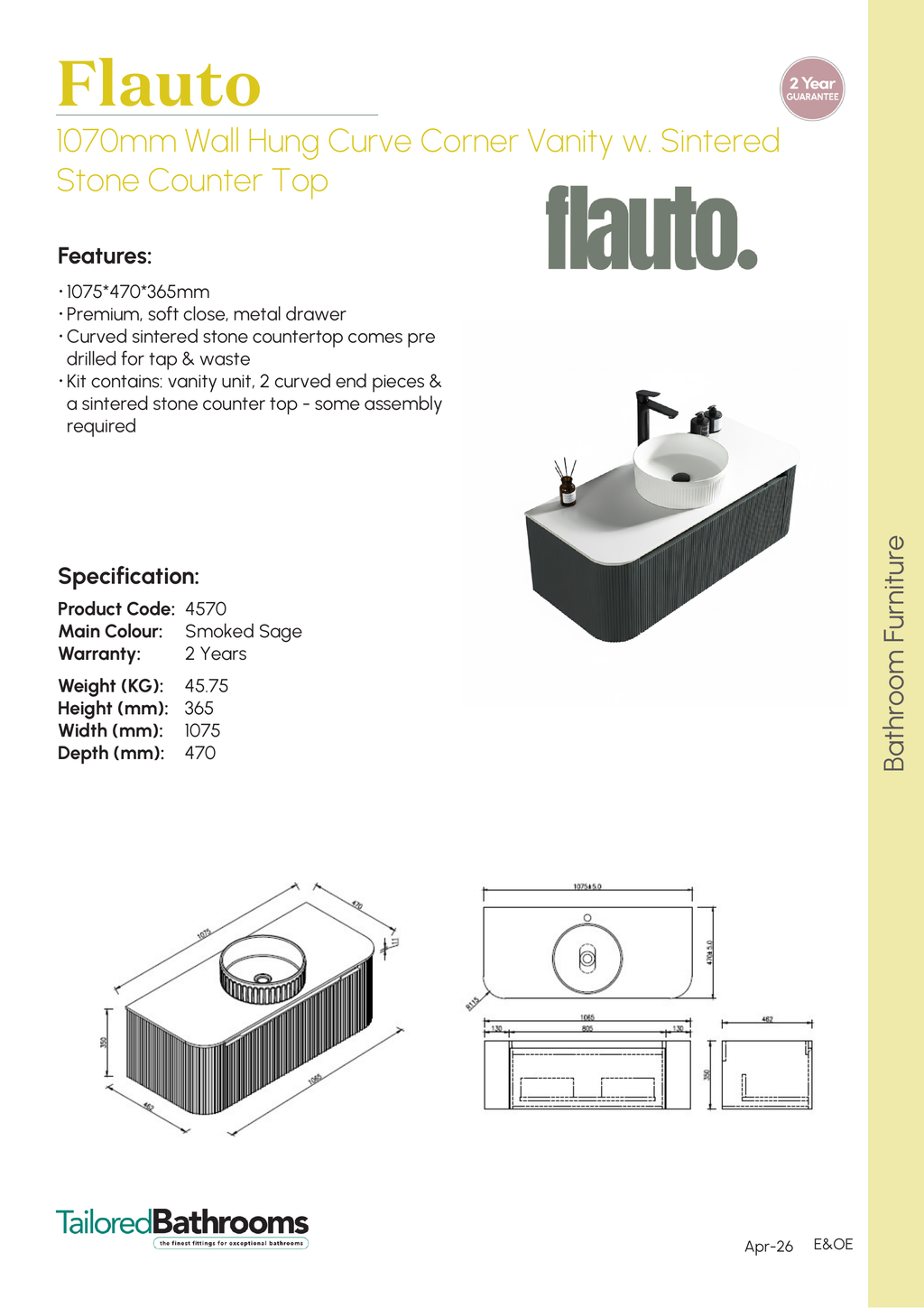 Tailored Flauto 1070mm Wall Hung Curve Corner Vanity with Sintered Stone Counter Top - Smoked Sage - specification sheet with technical drawing and dimensions