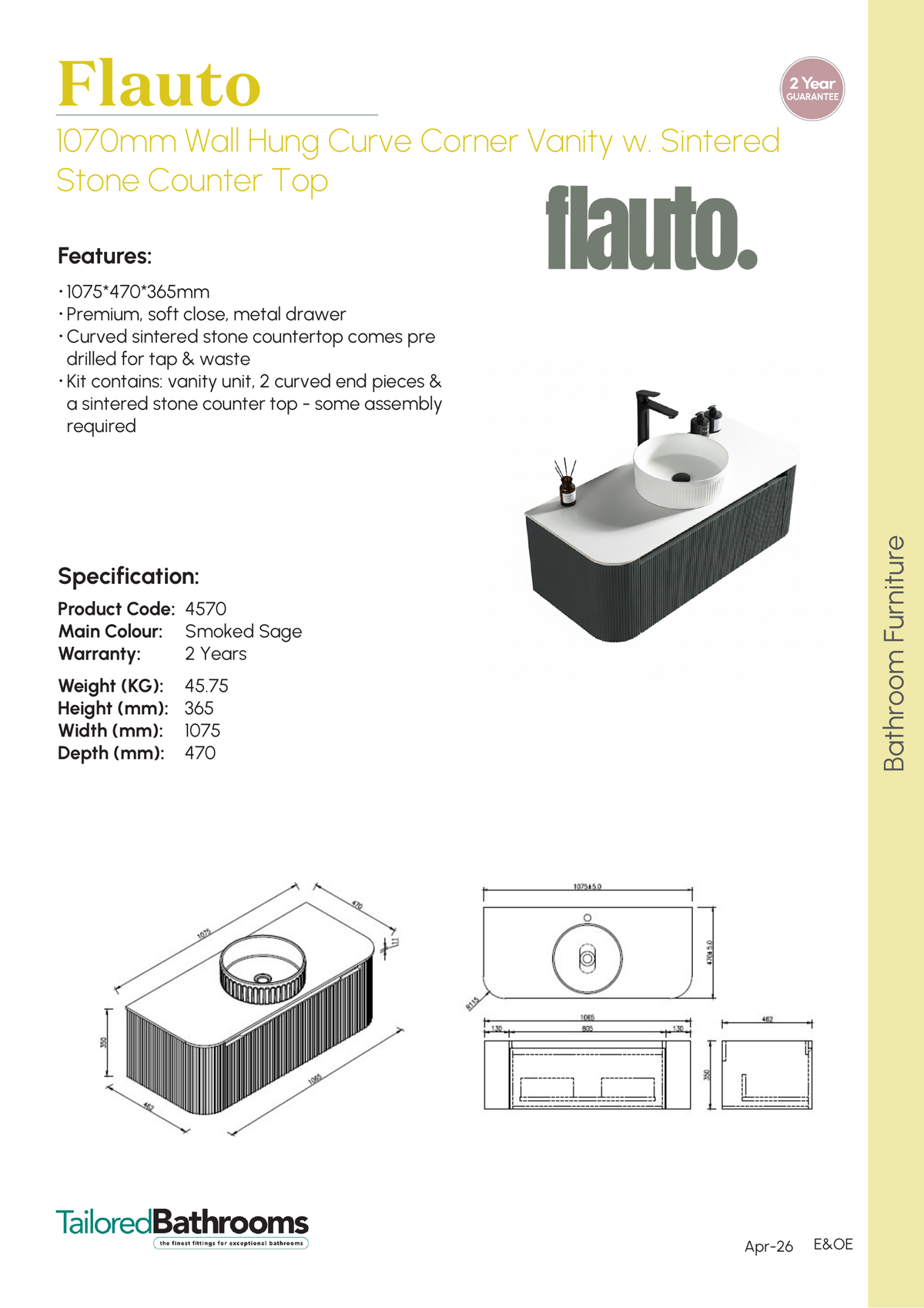 Tailored Flauto 1070mm Wall Hung Curve Corner Vanity with Sintered Stone Counter Top - Smoked Sage - specification sheet with technical drawing and dimensions