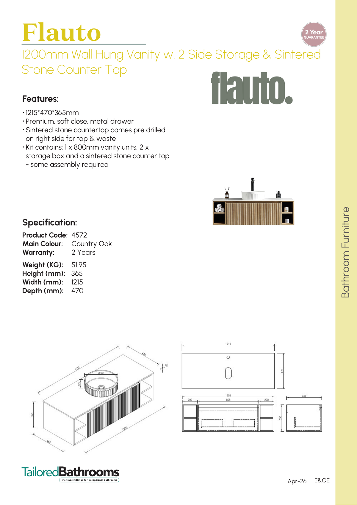 Tailored Flauto 1200mm Wall Hung Vanity with 2 Side Storage & Sintered Stone Counter Top - specification sheet with technical drawing and dimensions