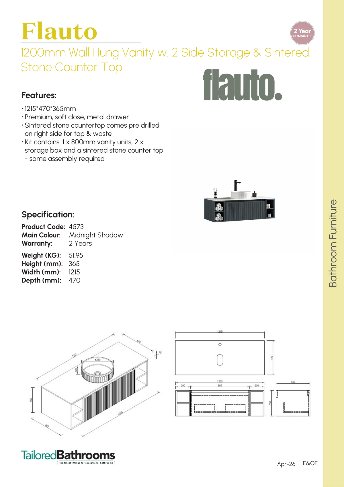 Tailored Flauto 1200mm Wall Hung Vanity with 2 Side Storage & Sintered Stone Counter Top - specification sheet with technical drawing and dimensions