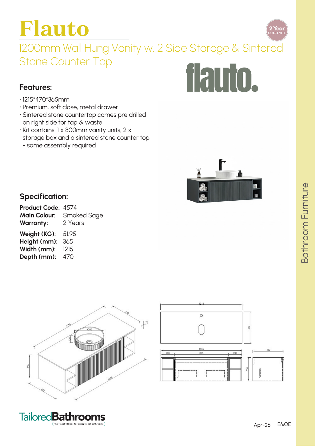 Tailored Flauto Wall Hung Vanity with 2 Side Storage & Sintered Stone Counter Top