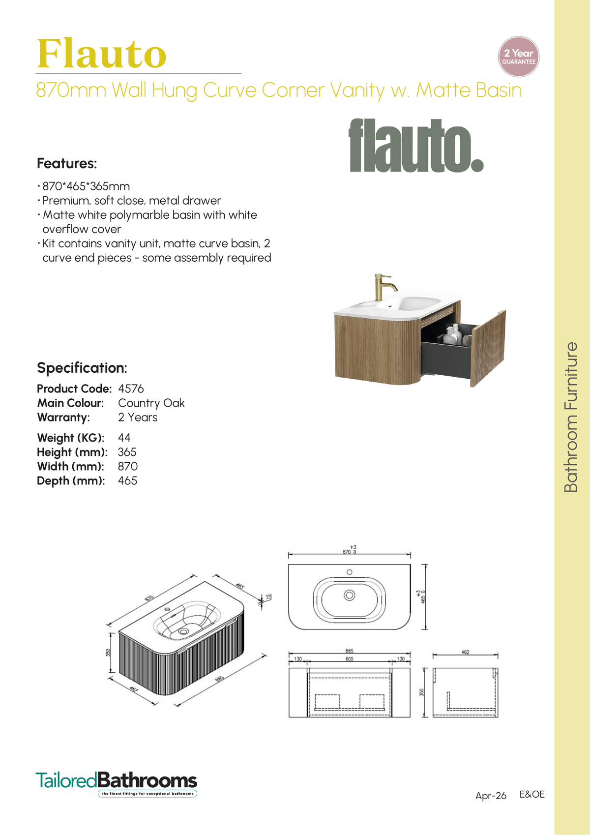 Tailored Flauto 870mm Wall Hung Curve Corner Vanity with Matte Basin - specification sheet with technical drawing and dimensions