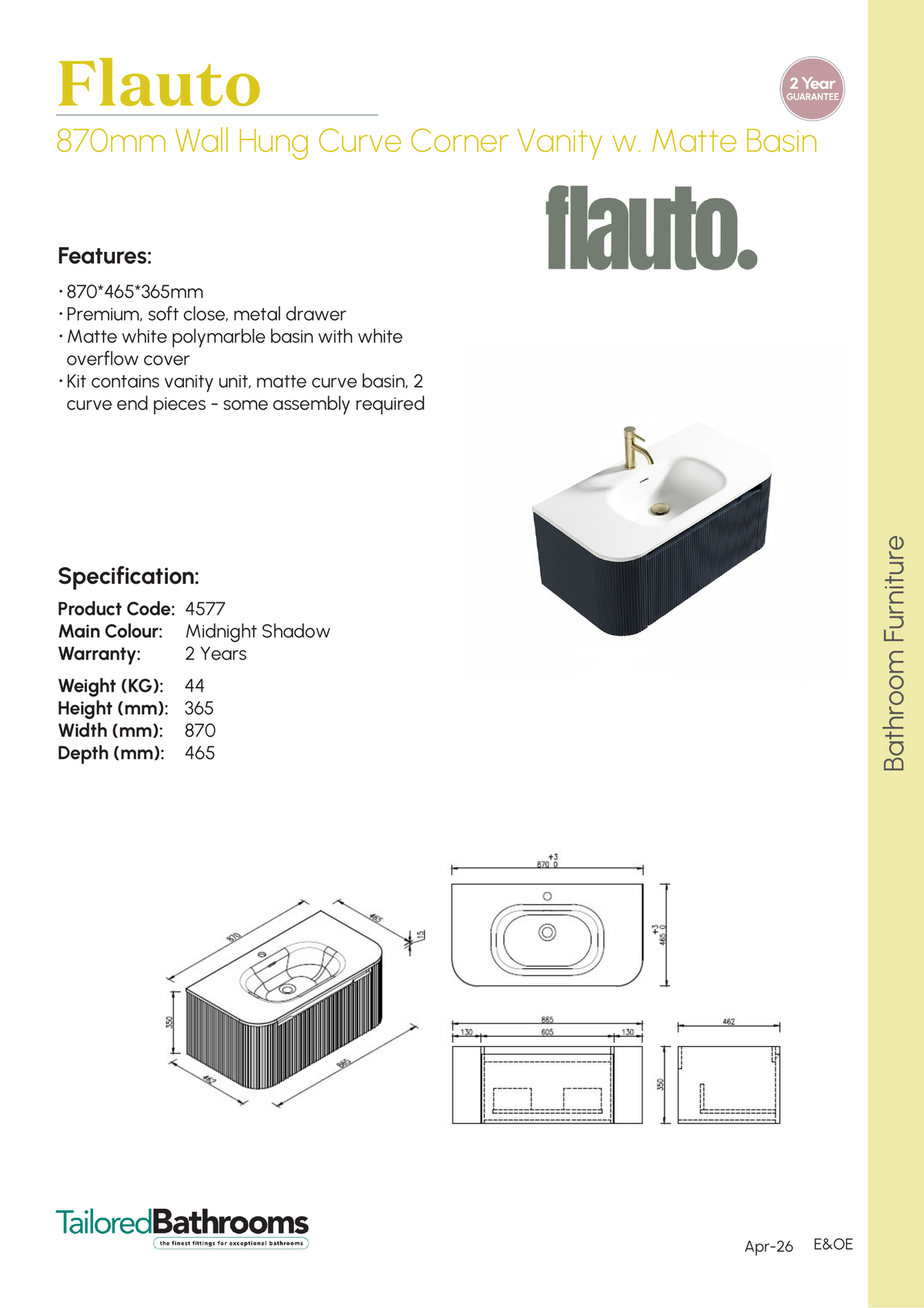 Tailored Flauto 870mm Wall Hung Curve Corner Vanity with Matte Basin - specification sheet with technical drawing and dimensions