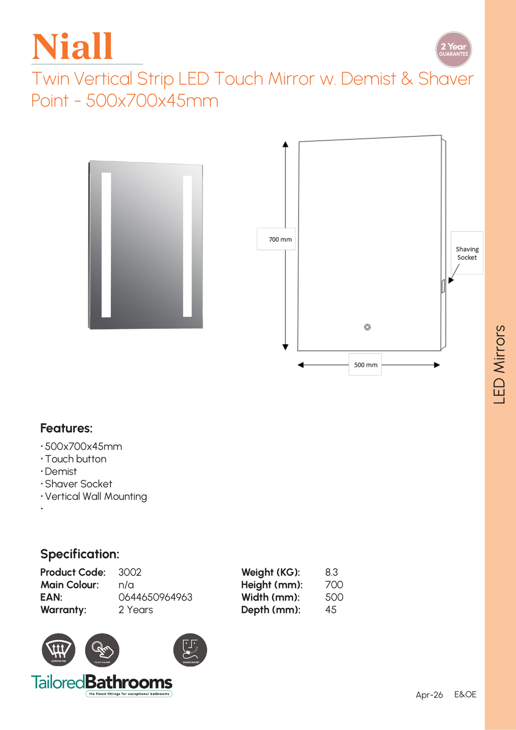 Tailored Niall Twin Vertical Strip LED Touch Illuminated Mirror With Demist and Shaver Point - 700mm X 500mm - specification sheet with technical drawing and dimensions