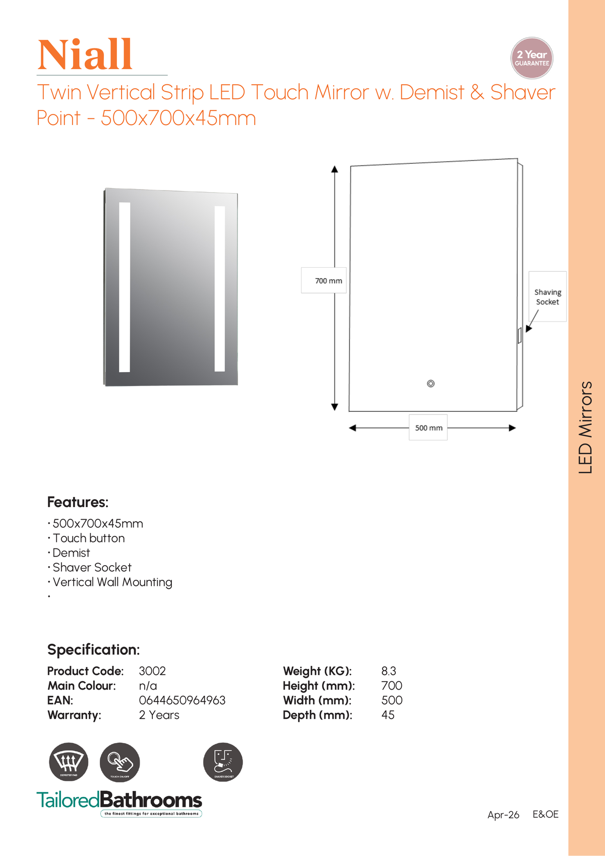 Tailored Niall Twin Vertical Strip LED Touch Illuminated Mirror With Demist and Shaver Point - 700mm X 500mm - specification sheet with technical drawing and dimensions