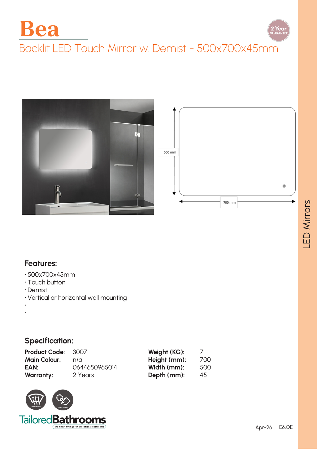 Tailored Bea Backlit LED Touch Illuminated Mirror With Demist - specification sheet with technical drawing and dimensions