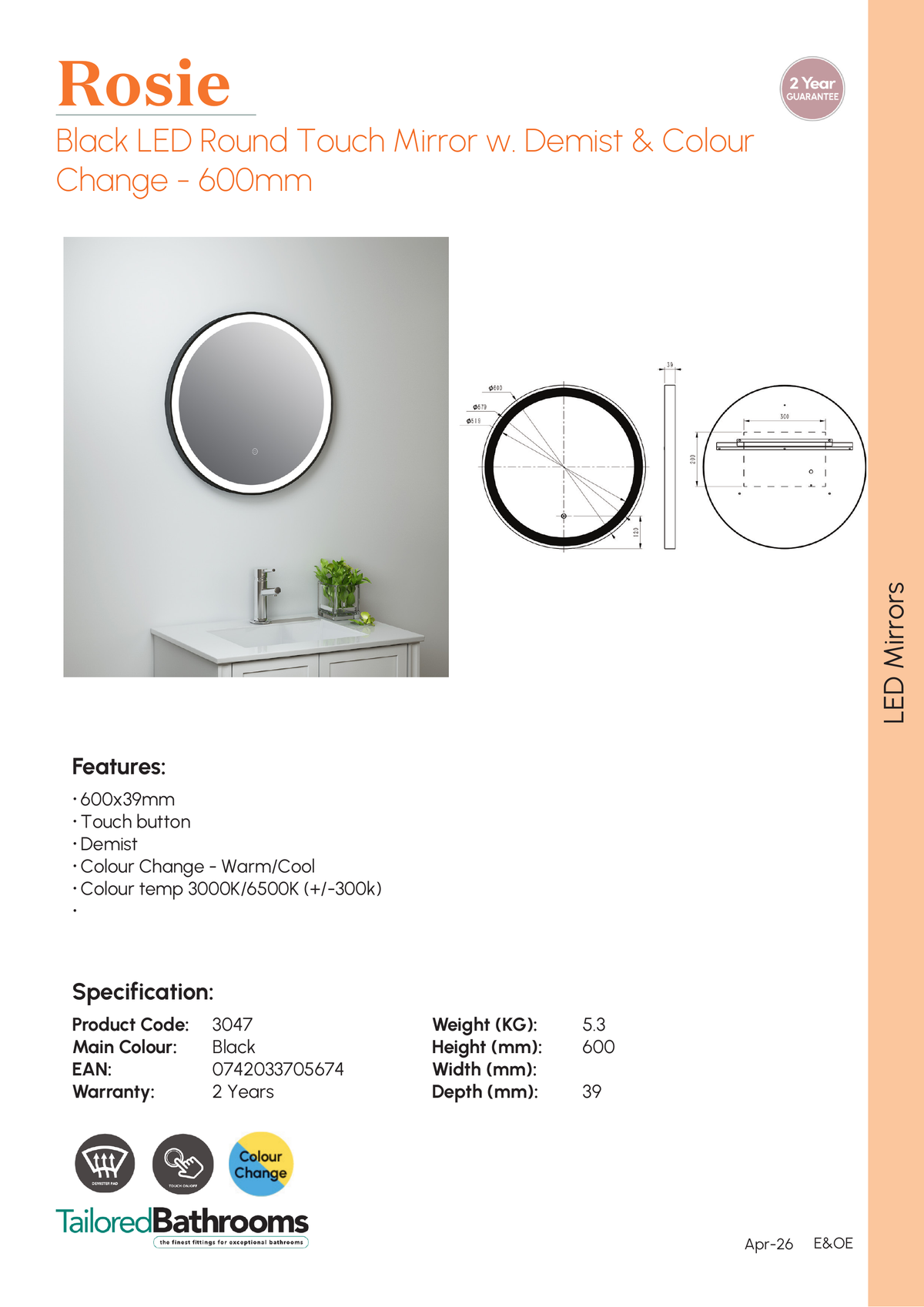 Tailored Rosie Round LED Touch Illuminated Mirror With Demist and Colour Change - 600mm X 600mm - specification sheet with technical drawing and dimensions