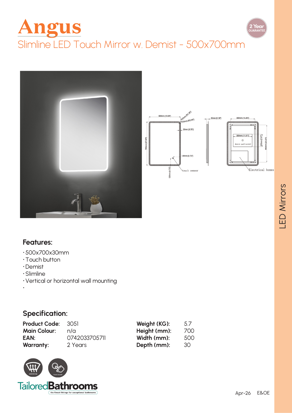 Tailored Angus Slimline LED Touch Illuminated Mirror With Demist - specification sheet with technical drawing and dimensions