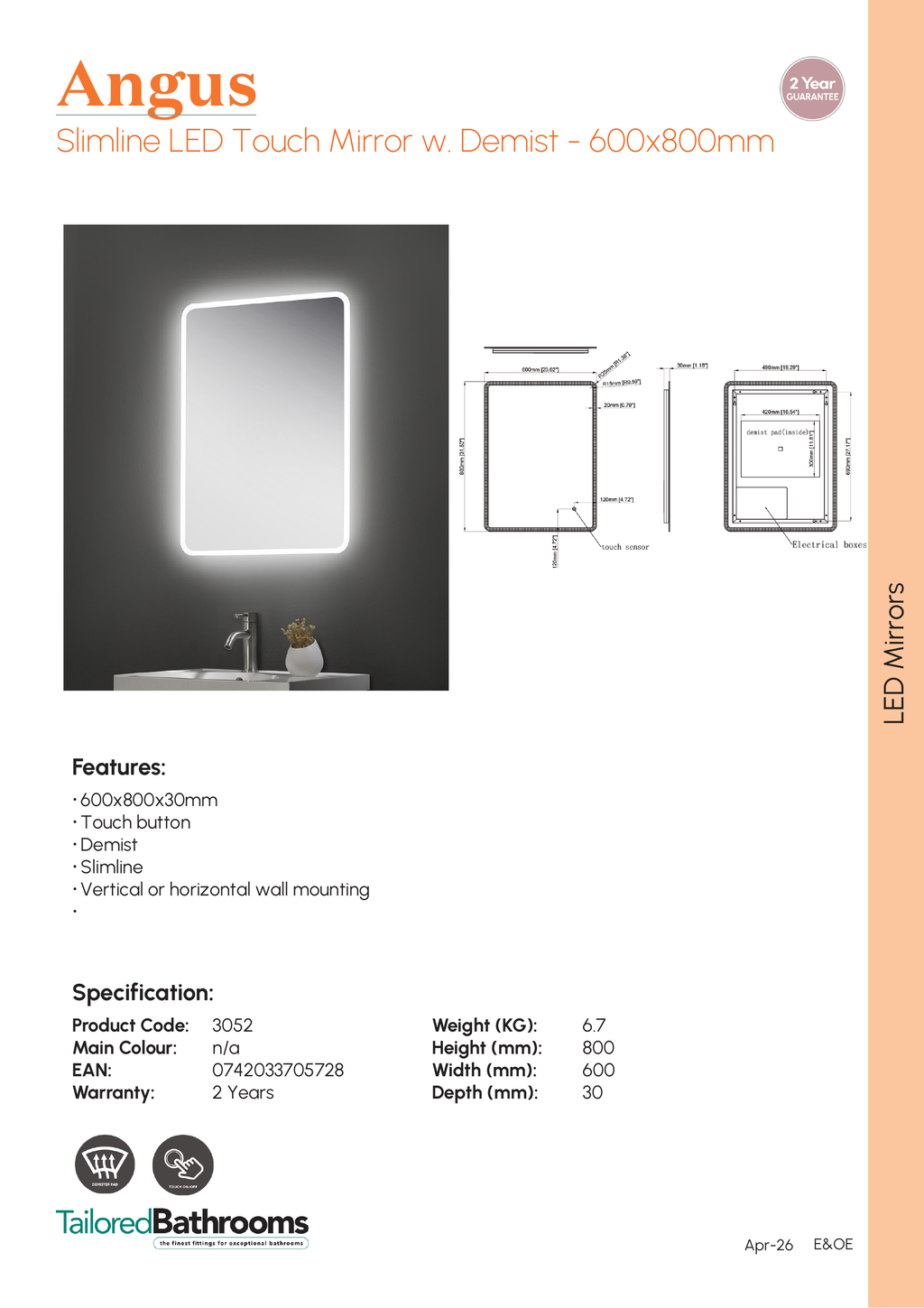 Tailored Angus Slimline LED Touch Illuminated Mirror With Demist - specification sheet with technical drawing and dimensions