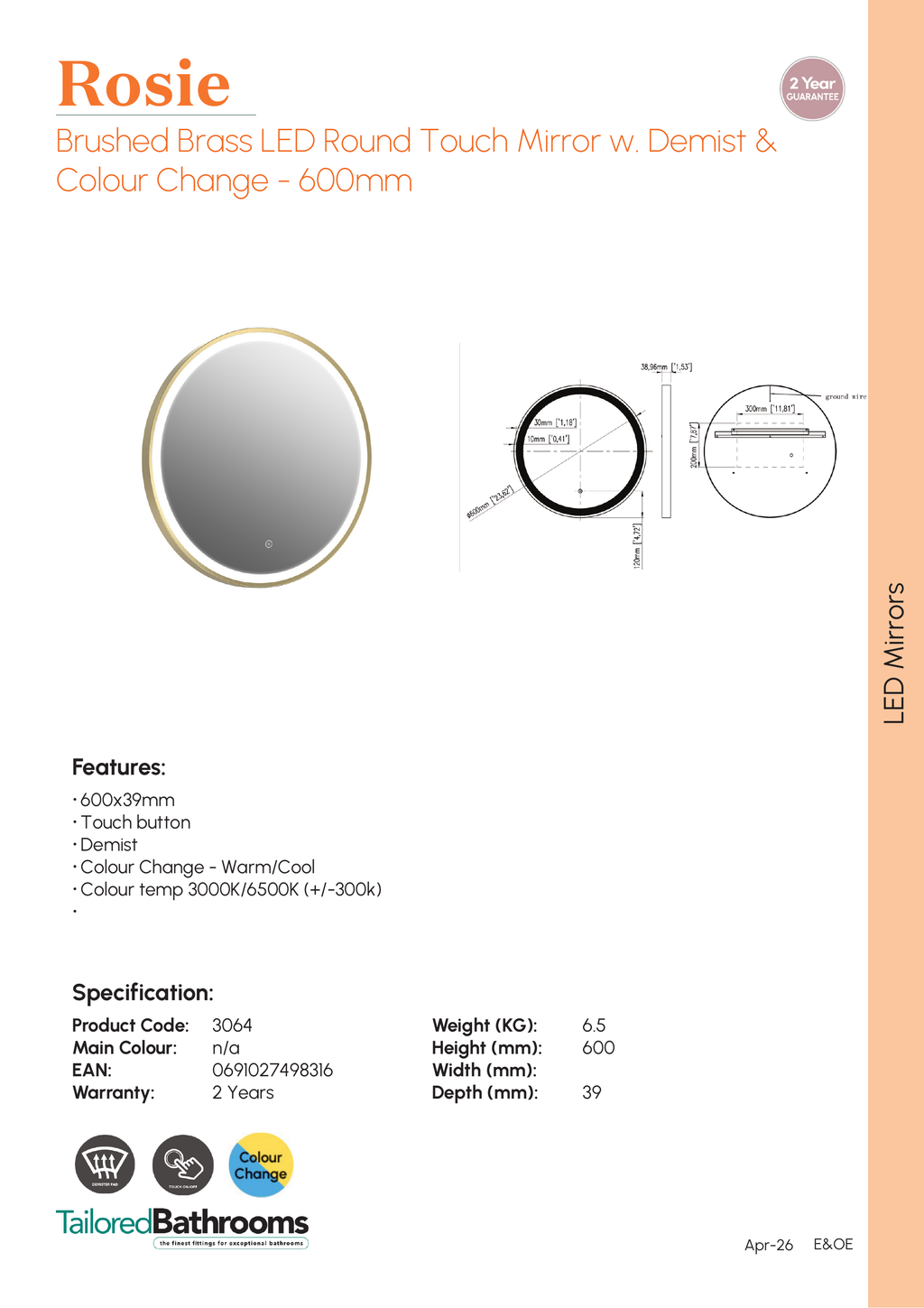 Tailored Rosie Round LED Touch Illuminated Mirror With Demist and Colour Change - 600mm X 600mm - specification sheet with technical drawing and dimensions