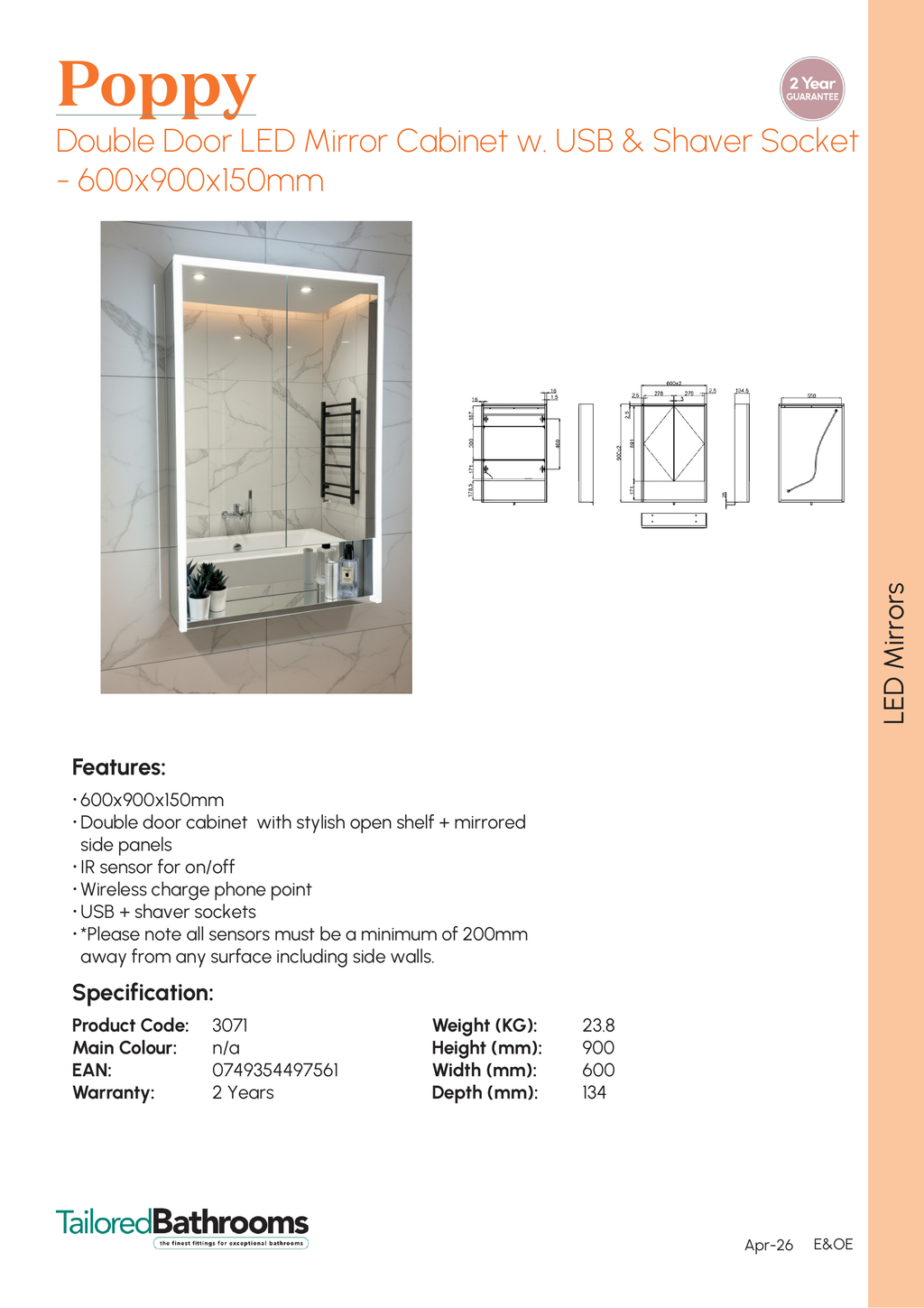 Tailored Poppy 2 Door LED Illuminated Mirror Cabinet With USB and Shaver Socket - 900mm X 600mm - specification sheet with technical drawing and dimensions