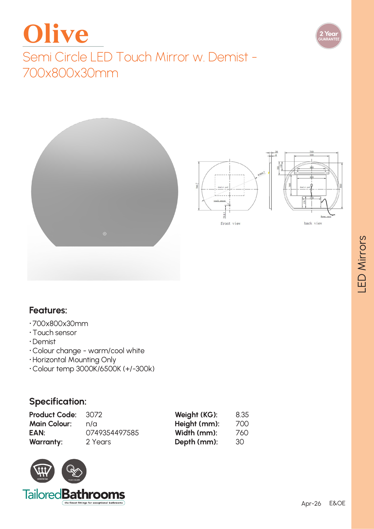 Tailored Olive Semi Circle LED Touch Mirror with Demist - 700x800x30 - specification sheet with technical drawing and dimensions