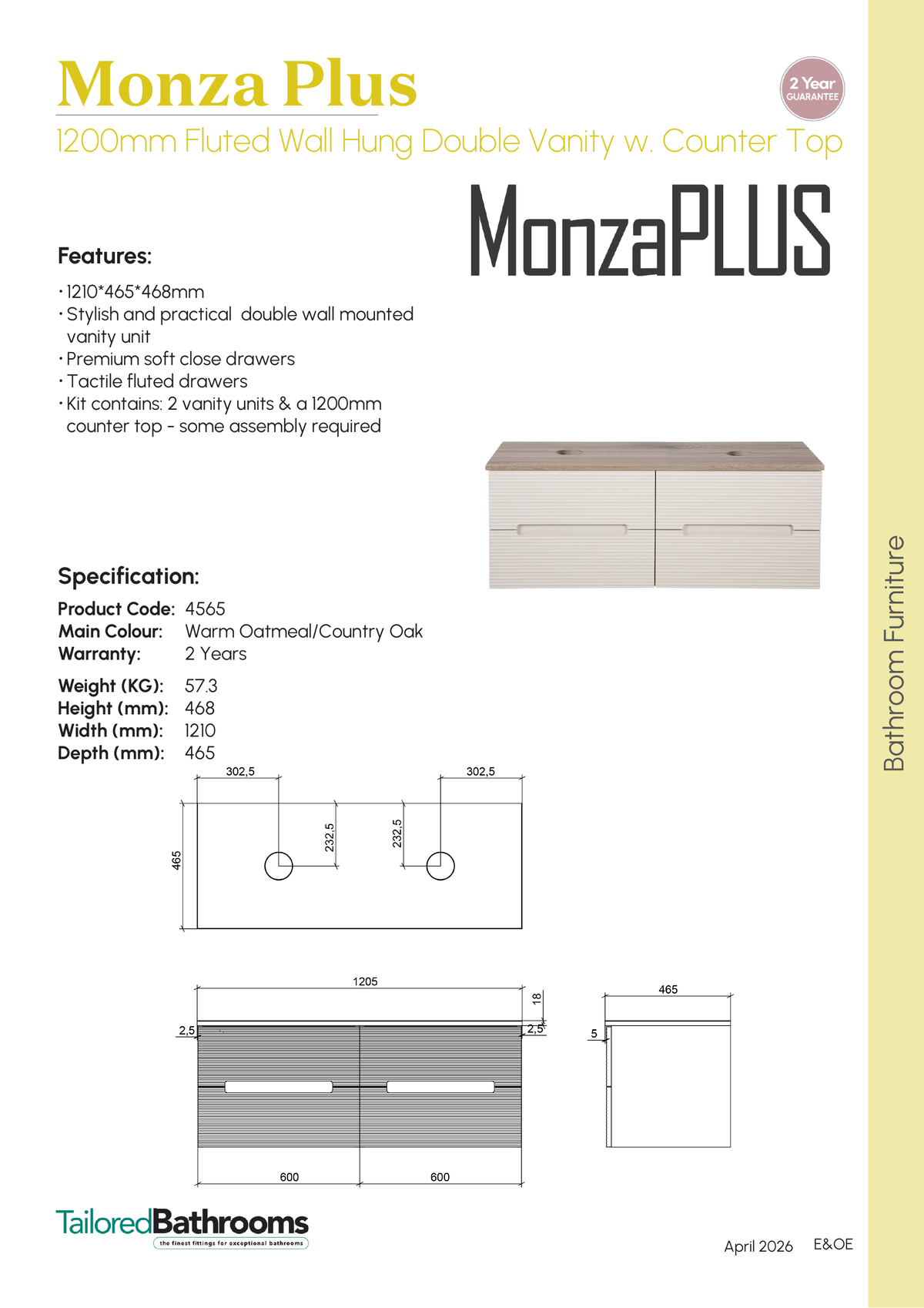 Tailored Monza Plus Fluted Wall Hung Double Vanity with Counter Top